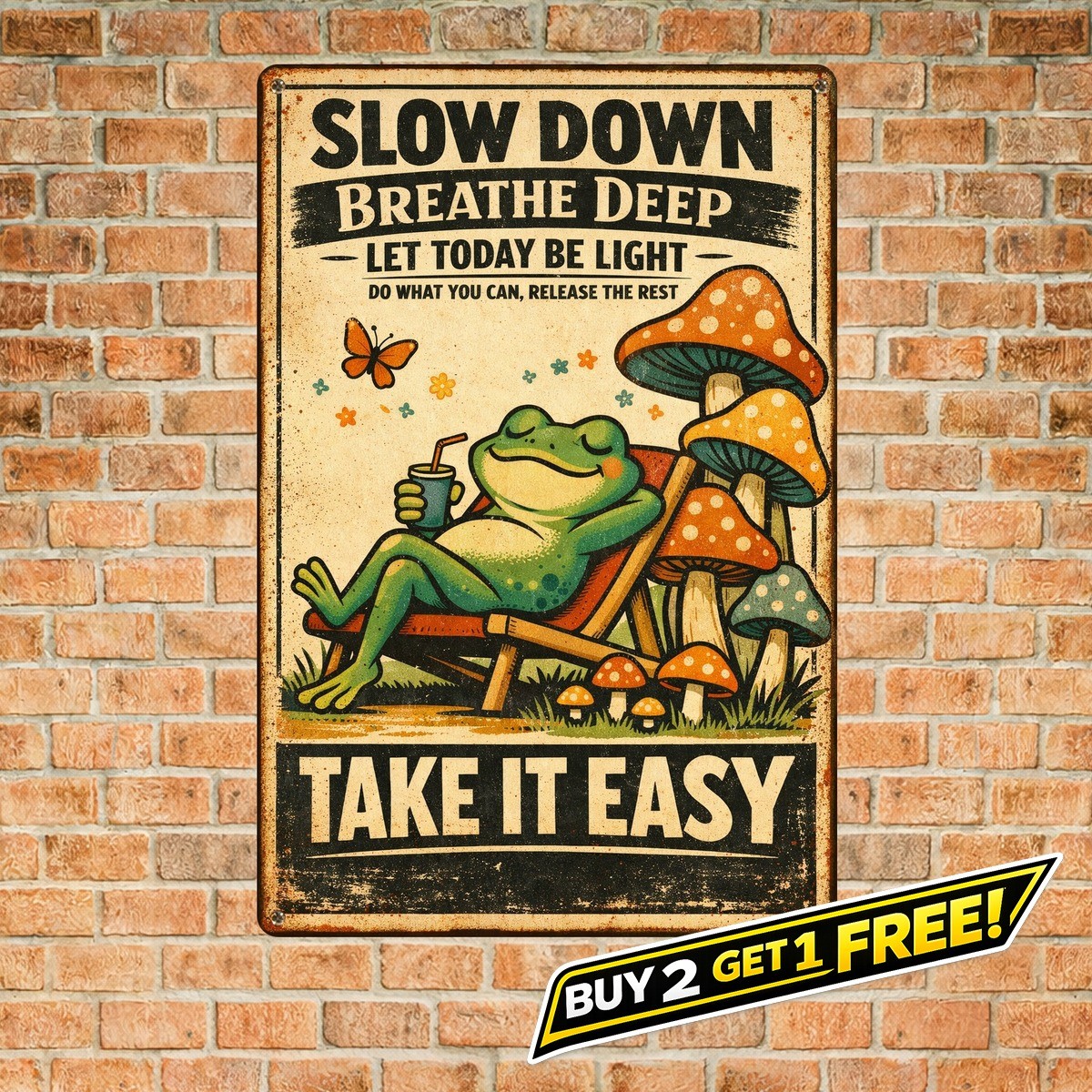 Relaxing Frog and Mushroom Art Metal Sign Whimsical Nature Decor 8x12
