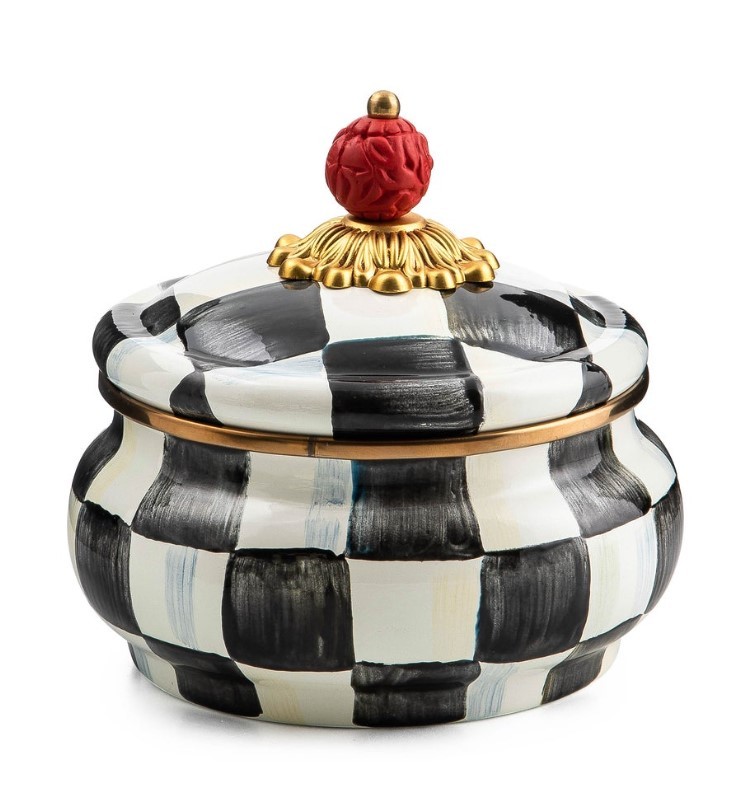 MacKenzie-Childs Courtly Check Squashed Pot – Hand-Painted Black & White Decorat