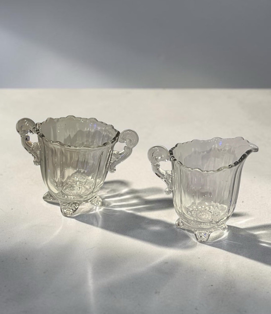 Vintage 1940s Elegant Glass Miniature Creamer & Sugar Set Clear Pressed Footed Vintage 1940s Elegant Glass Miniature Creamer & Sugar Set Clear Pressed Footed