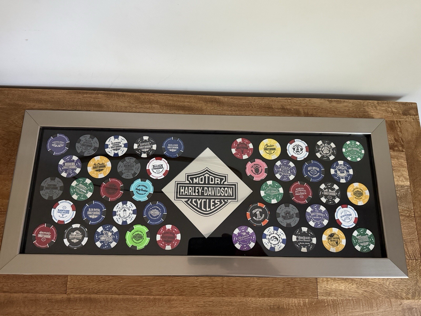 Harley Davidson Poker Chips Lot 44 Multiple Dealership Chip Collection HD Frame