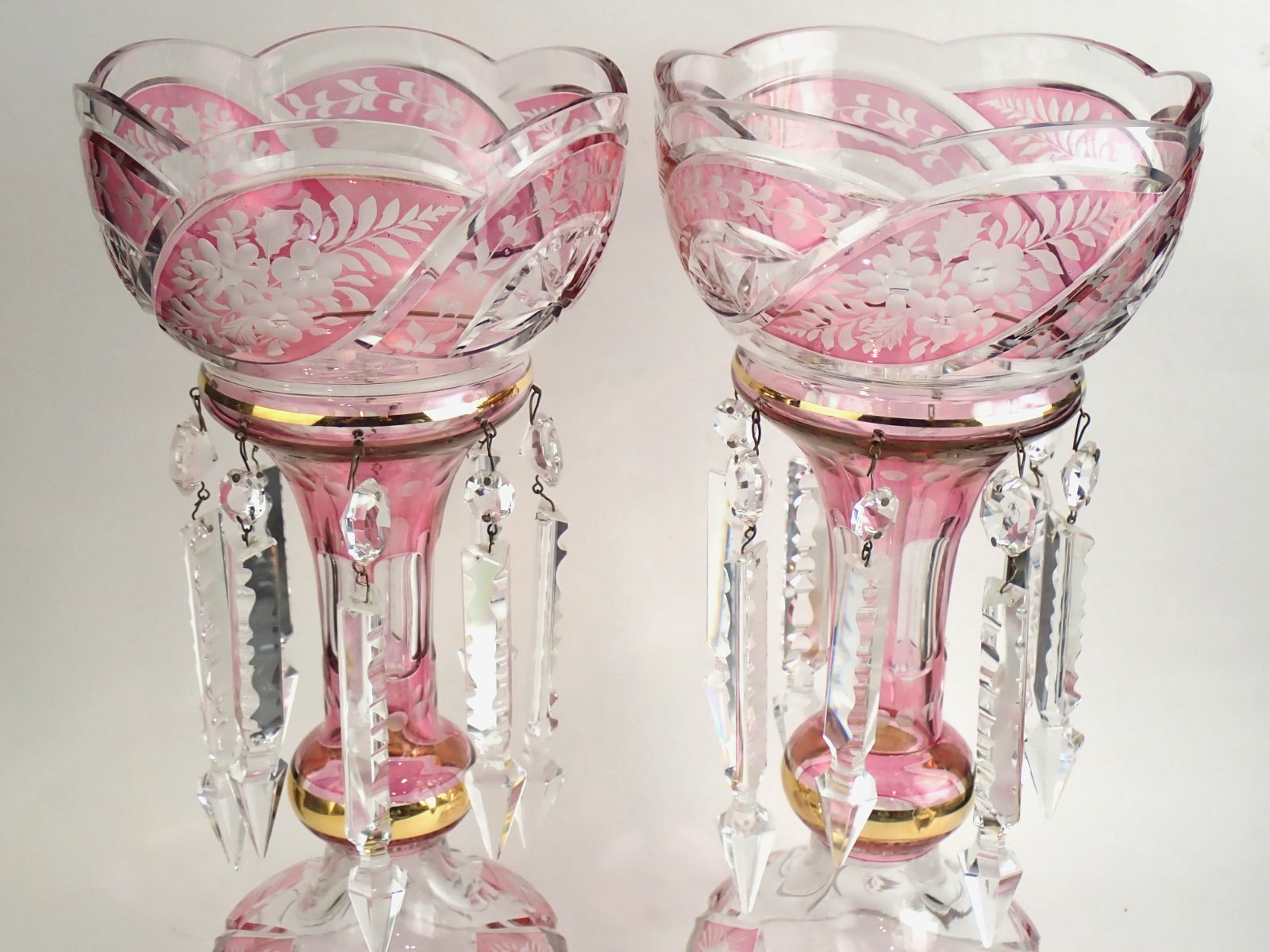 PAIR Antique Pale Pink Etched Flower Clear Glass Mantle Candle Lusters & Prisms PAIR Antique Pale Pink Etched Flower Clear Glass Mantle Candle Lusters & Prisms
