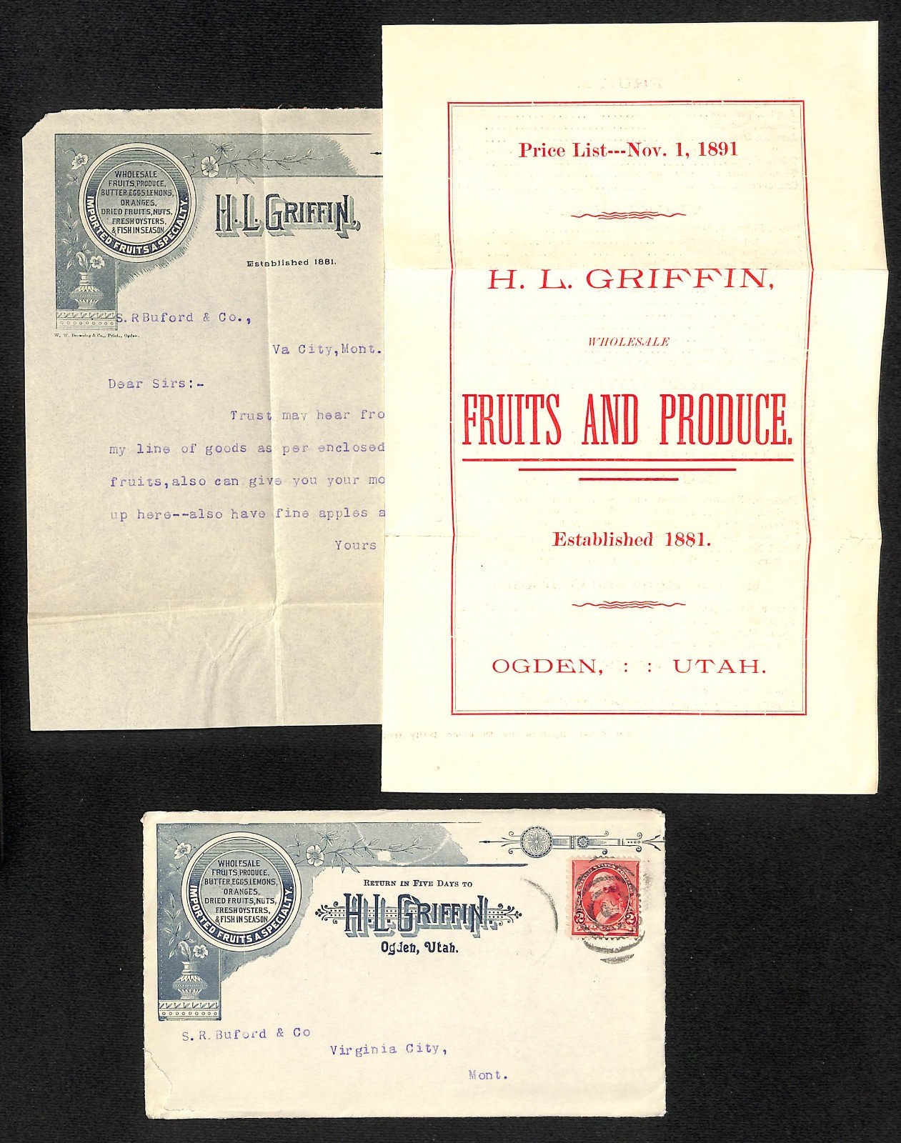 1891 H. L. Griffin Co Ogden TLS Price List Sheet & Adv. Cover to S.R. Buford, MT