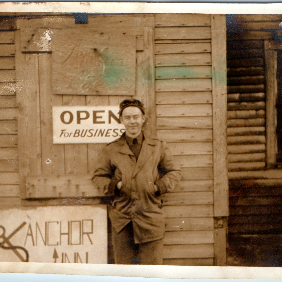 c1940s De Witt, AR Anchor Inn Storefront Sign Snapshot Photo Man Jacket Arkansas c1940s De Witt, AR Anchor Inn Storefront Sign Snapshot Photo Man Jacket Arkansas