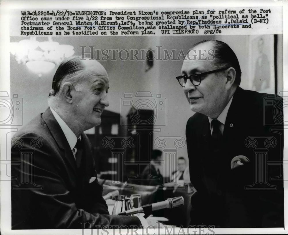 1970 Press Photo Postmaster General Winton Blount and Rep. Thaddeus Dulski