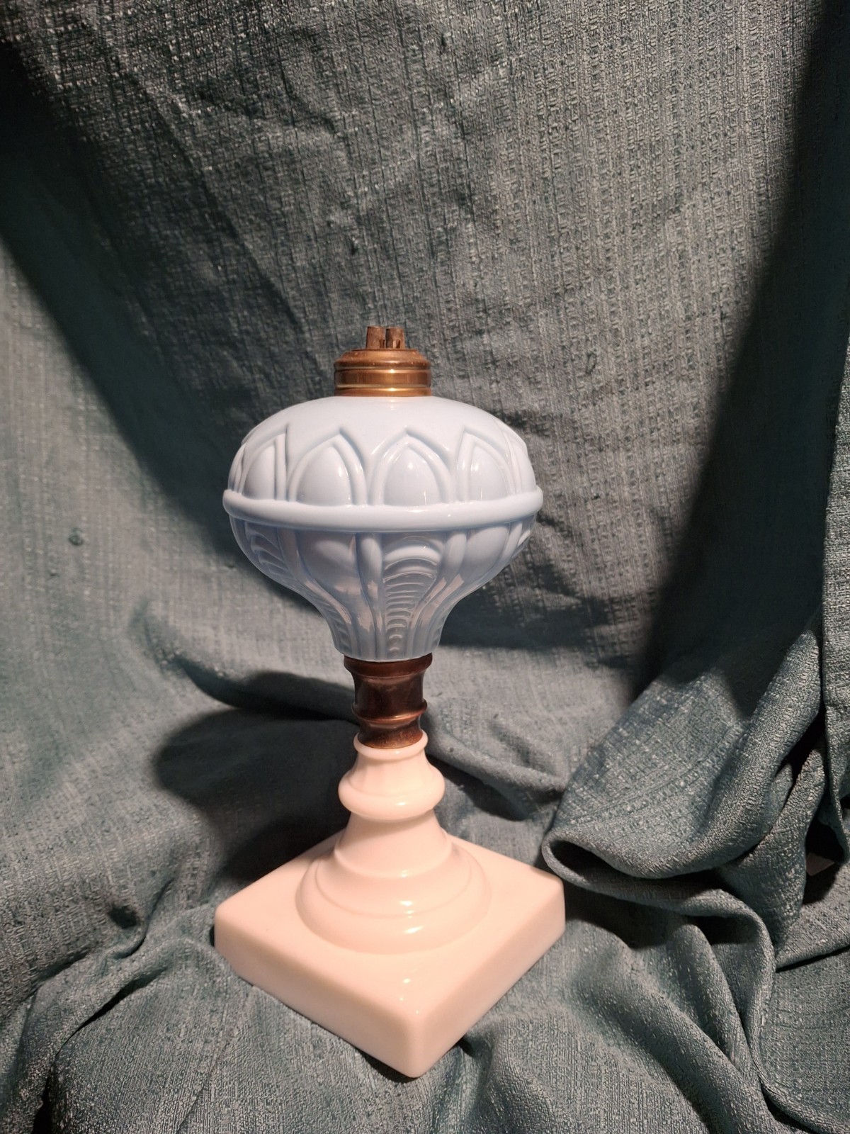 Antique 1850s Boston Sandwich Blue & Alabaster Whale Oil Lamp Paneled Arches