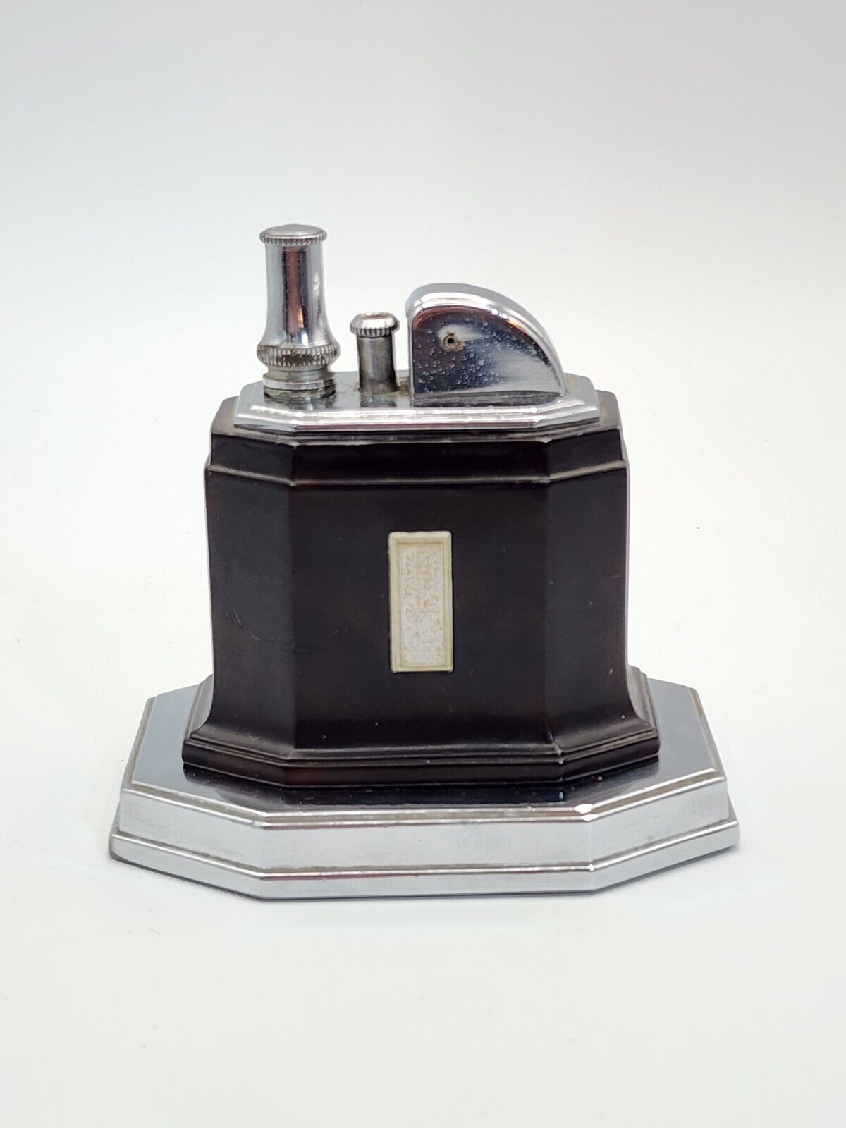 Vintage Ronson Touch-Tip Table Lighter Art Deco Octette Chrome & Dark Brown 