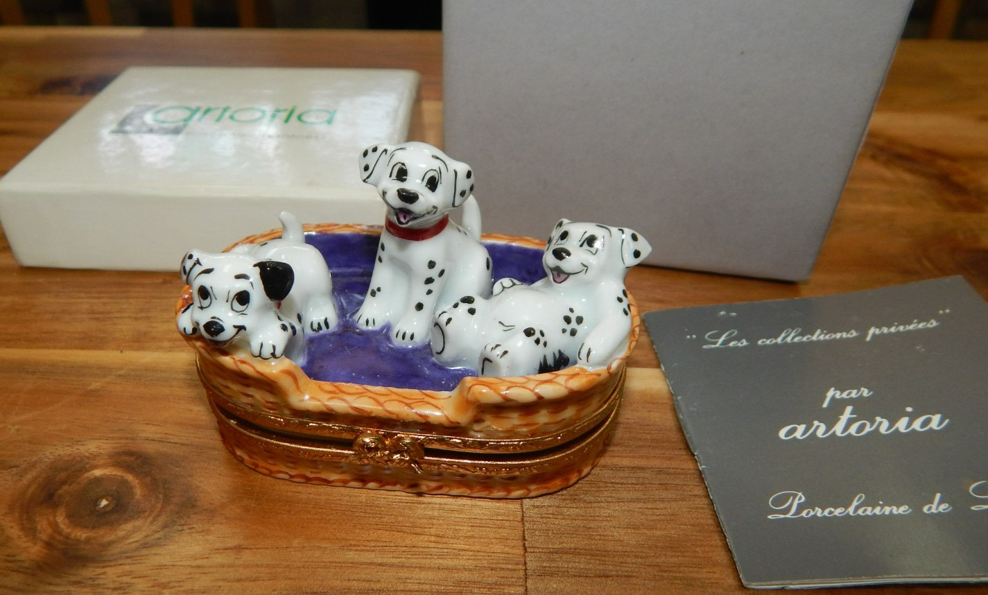 Disney Artoria Limoges 101 Dalmatians 3 in a Basket Trinket Box LE 225/1500