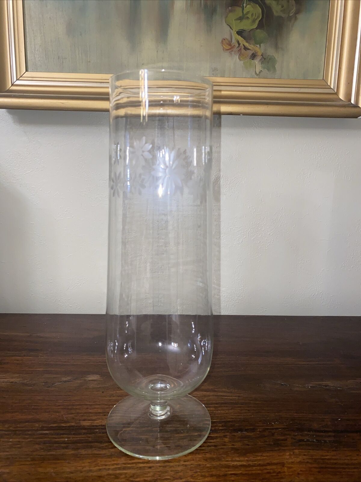 Vintage 11” Floral Etched Clear Glass Pedestal Footed Vase