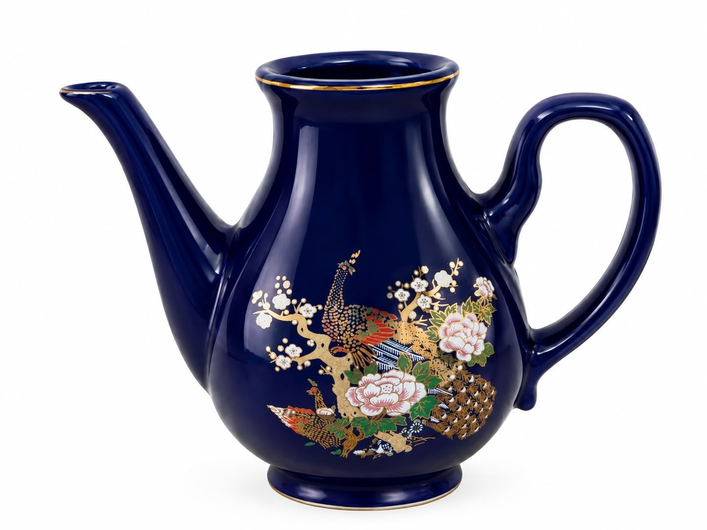 Vintage Cobalt Blue Porcelain Teapot Gold Floral Bird Design Japanese Style Clas Vintage Cobalt Blue Porcelain Teapot Gold Floral Bird Design Japanese Style Clas