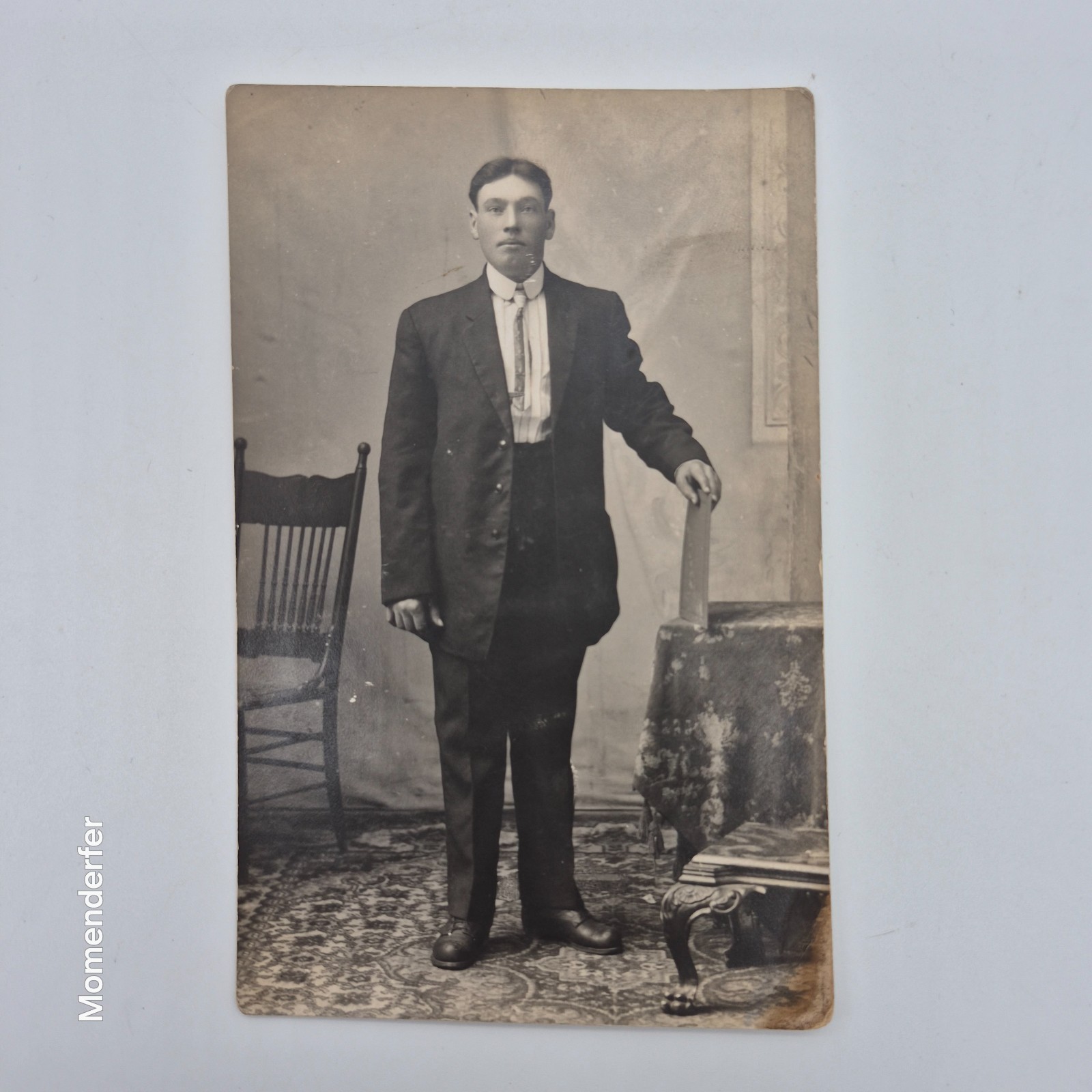 Antique RPPC Young Man in Suit Holding Booklet Studio Portrait AZO c1910
