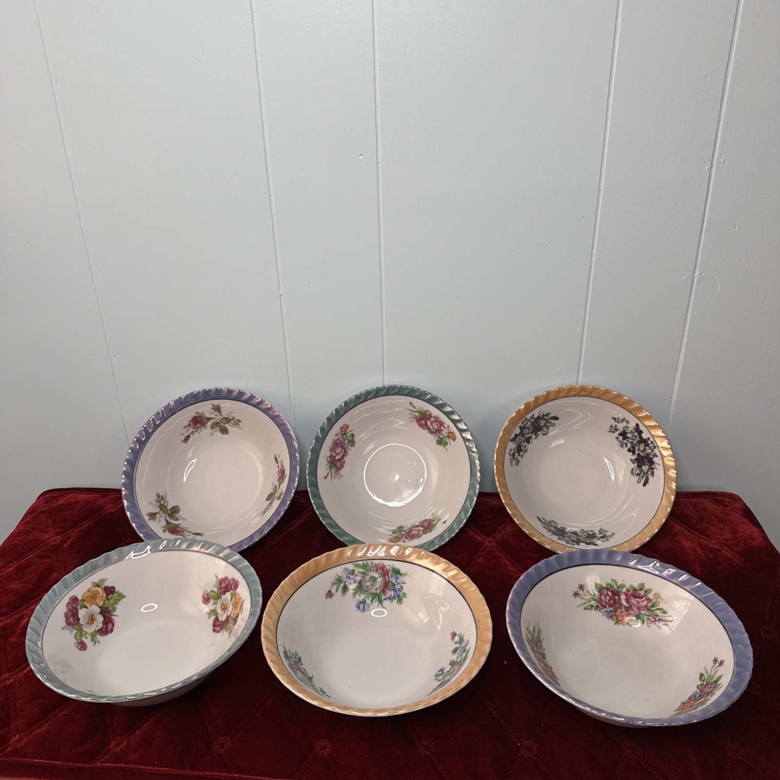 Set of 6 Vintage Lusterware Bowl Japan Purple Blue Yellow Scalloped Flowers Set of 6 Vintage Lusterware Bowl Japan Purple Blue Yellow Scalloped Flowers