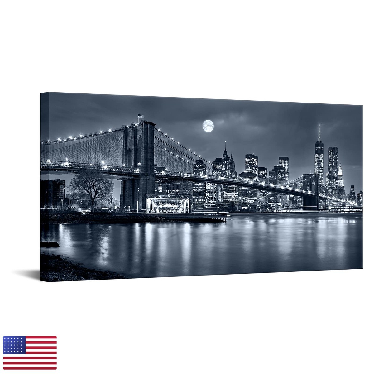 LevvArts Brooklyn Bridge Wall Art Moon Night York City Picture Print On Canvas