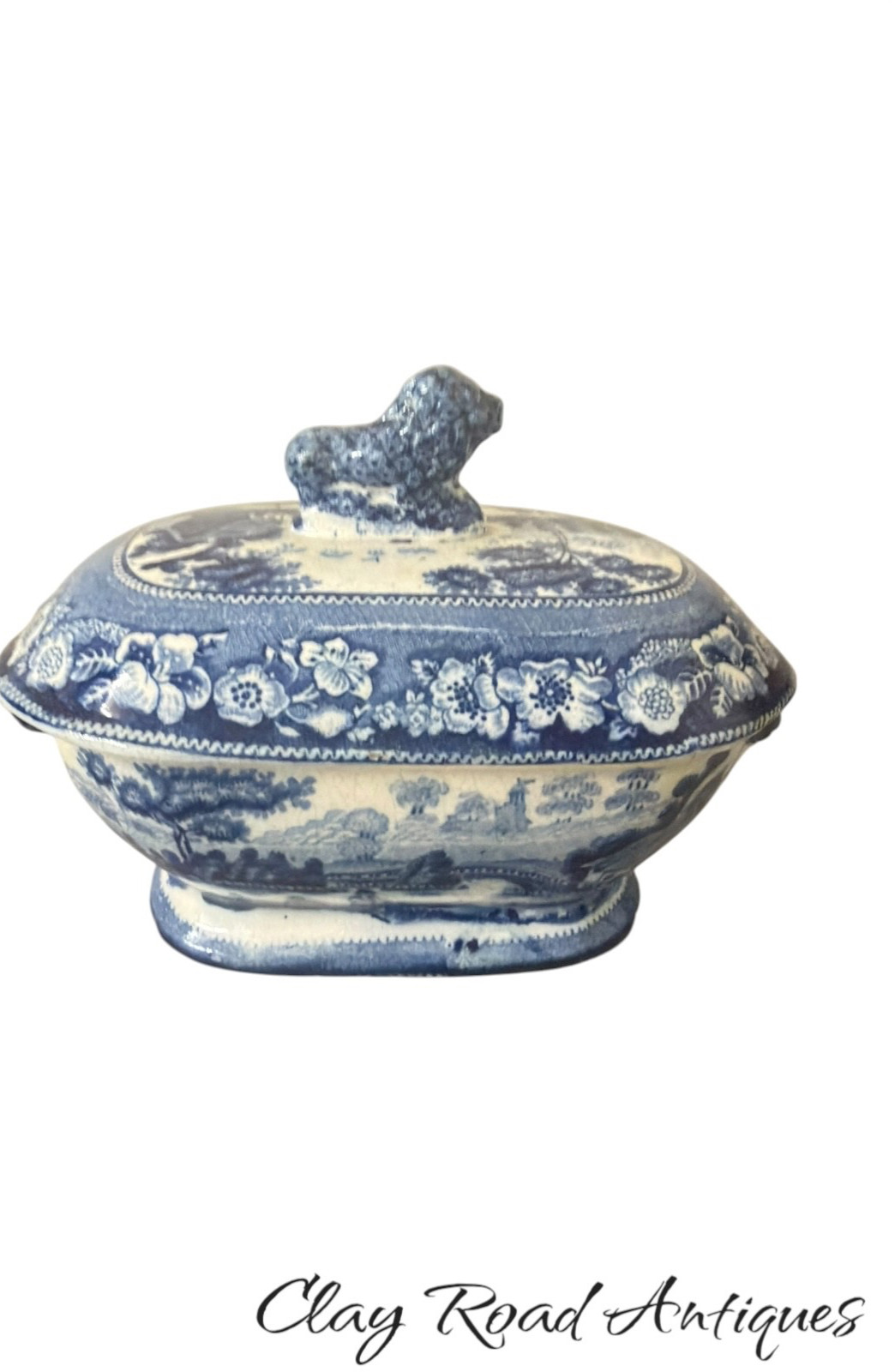 Antique c1830 Staffordshire Blue White Transferware sauce Tureen Lion Finial Antique c1830 Staffordshire Blue White Transferware sauce Tureen Lion Finial