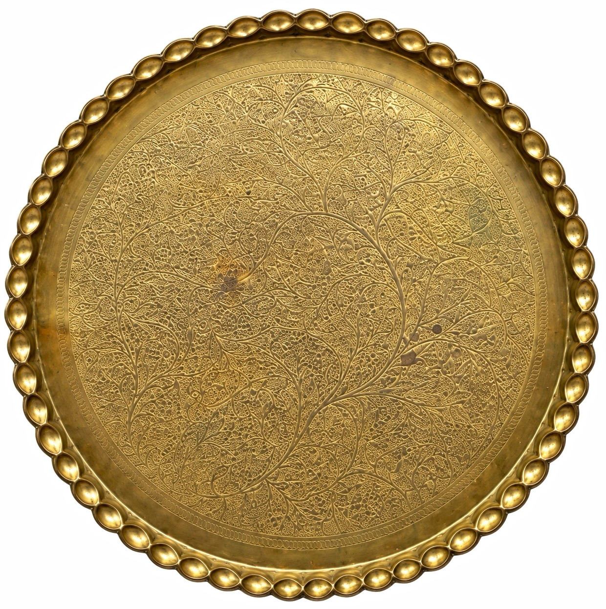 Vintage 44” XL Brass Moroccan Tray Etched Scalloped Edge Table Top 27 Lbs