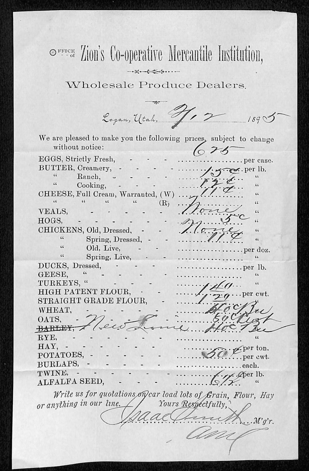 1895 Zion’s Co-operative Mercantile Institution (Z.C.M.I.) Logan, UT Price List