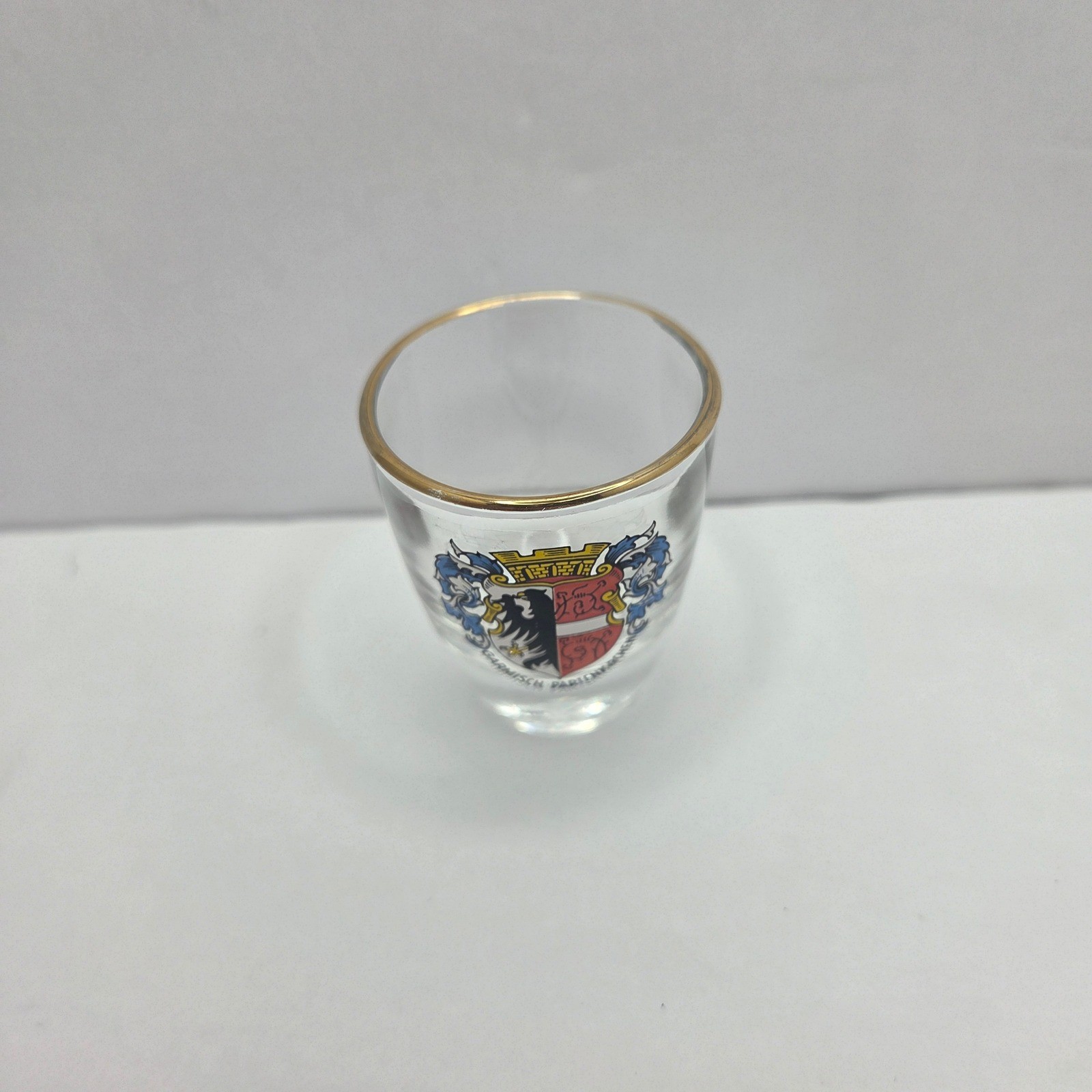 Vintage Garmisch-Partenkirchen Shot Glass Gold Rim German Souvenir Crest Clear