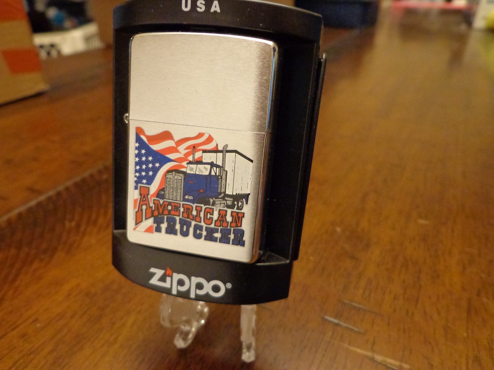 AMERICAN TRUCKER SEMI TRACTOR TRAILER AMERICAN FLAG ZIPPO LIGHTER MINT IN BOX AMERICAN TRUCKER SEMI TRACTOR TRAILER AMERICAN FLAG ZIPPO LIGHTER MINT IN BOX
