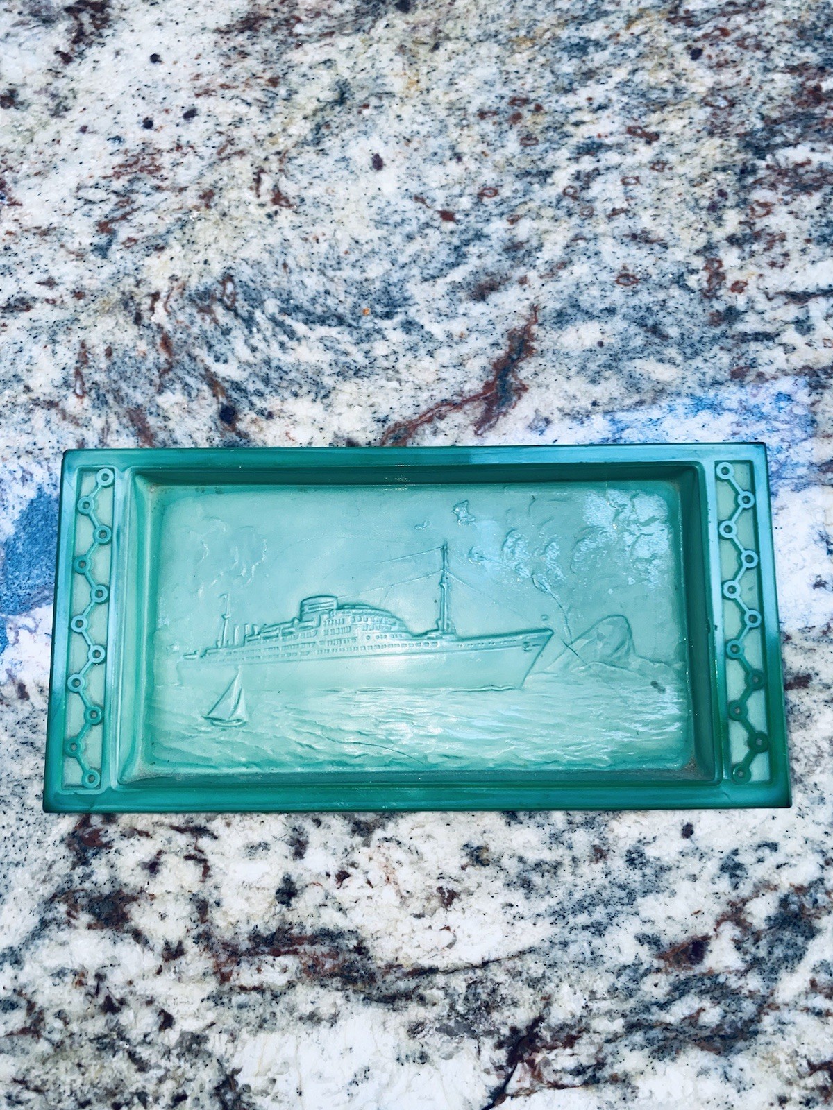 Ship Brasil Maru O.S.K Line Malachite Glass Made In Japan Ashtray Shipping Cargo