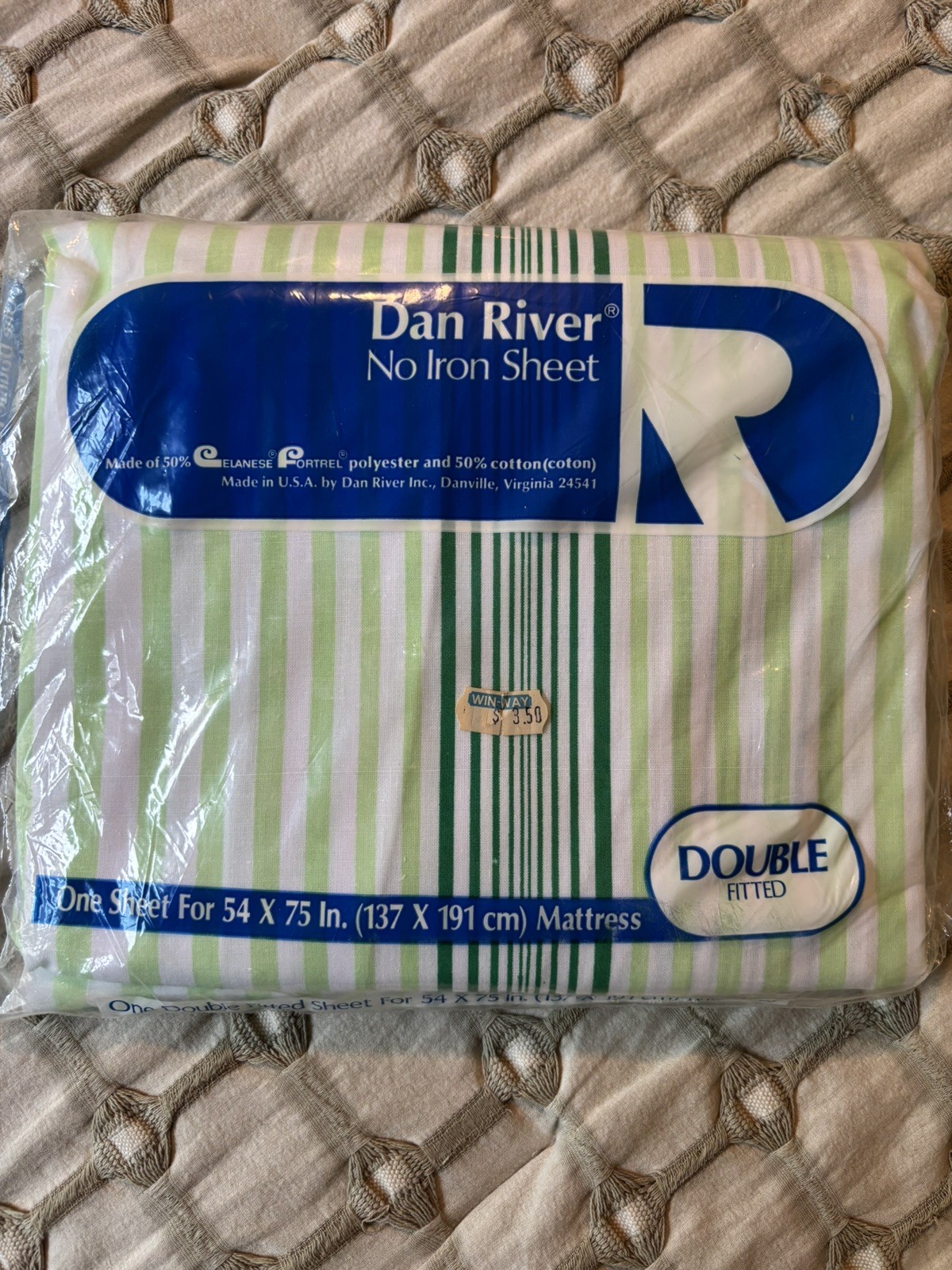 NOS Vintage DAN RIVER Full Double FITTED Sheet Green Stripe Dantrel No-Iron USA
