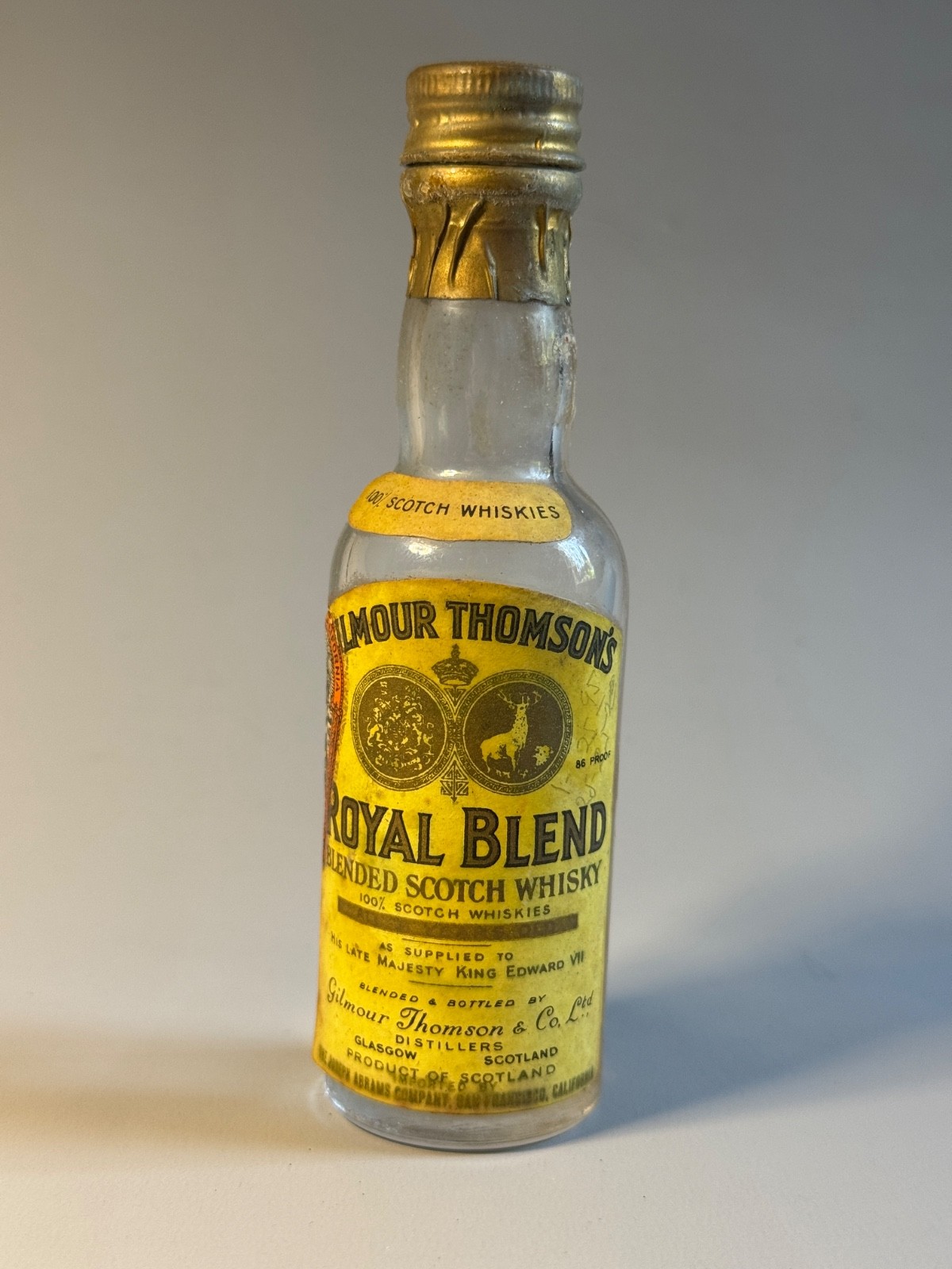 1930s Gilmour Thomson\'s Royal Blend SCOTCH WHISKY Empty Miniature Bottle 1930\'s 1930s Gilmour Thomson\'s Royal Blend SCOTCH WHISKY Empty Miniature Bottle 1930\'s
