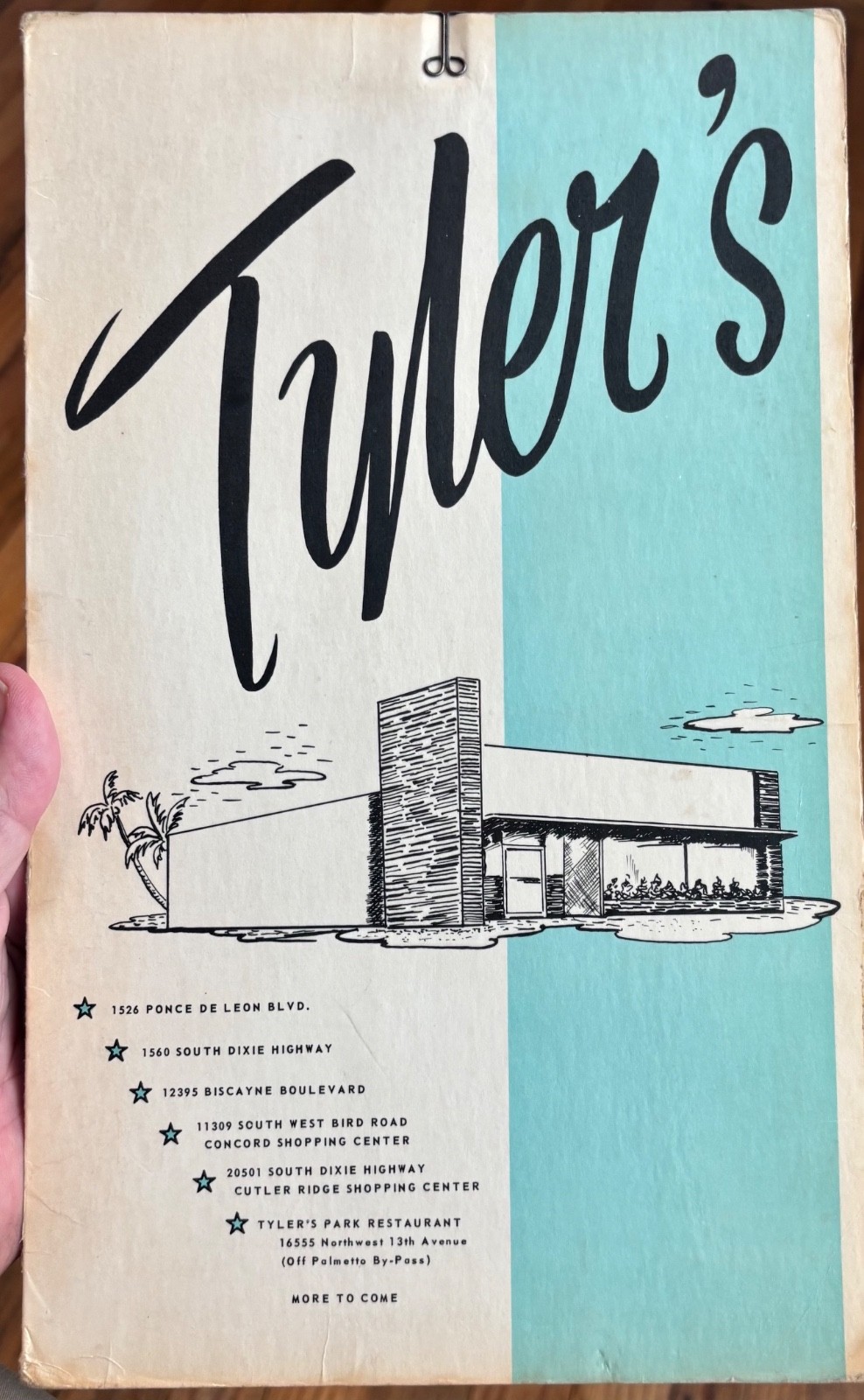 Vintage 1960s Miami Florida Tyler's Restaurant Menu
