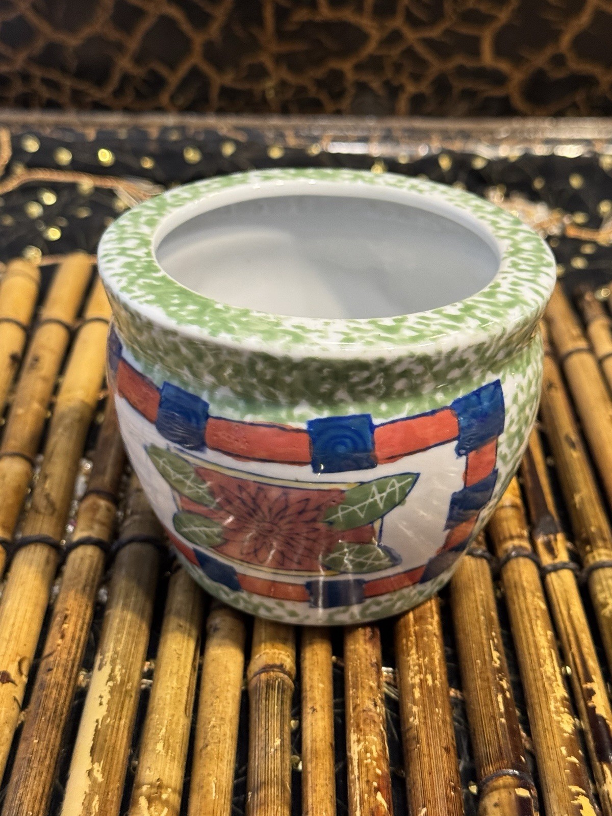 Vintage Chinese Porcelain Cachepot Planter Hand Painted Floral Geometric 4”