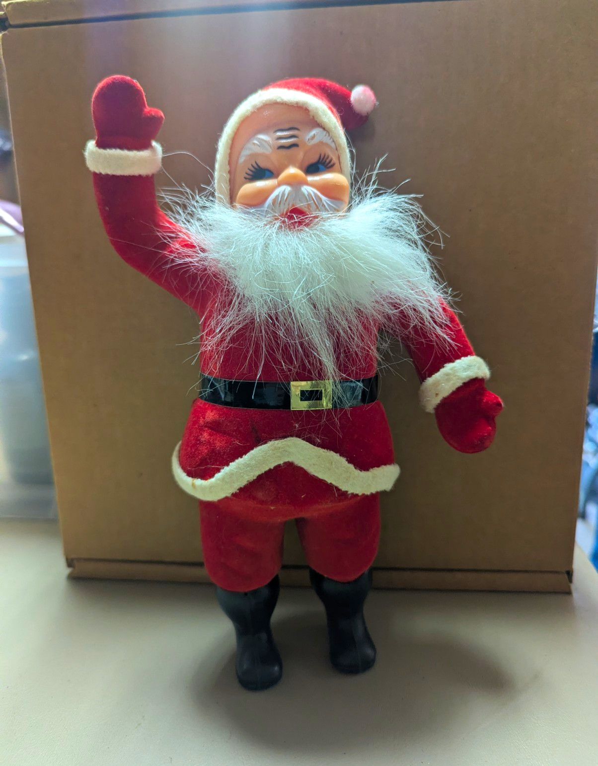 Vtg 1950s Flocked Santa Claus Christmas Figurine, Red Suit, Faux Fur Beard