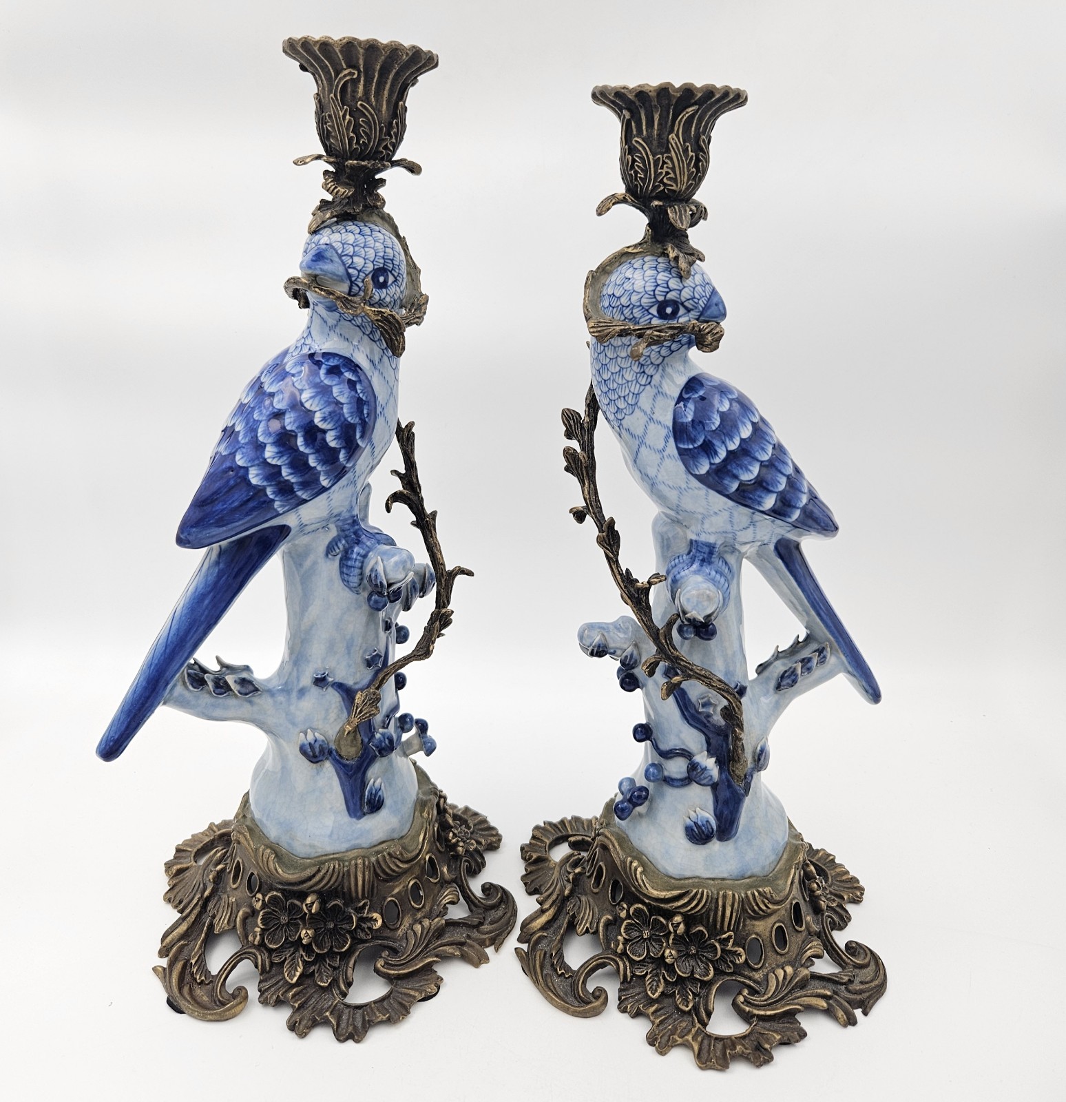 Antique Chinese Bird HOLLYWOOD REGENCY Blue Birds Brass Candle Holders 14