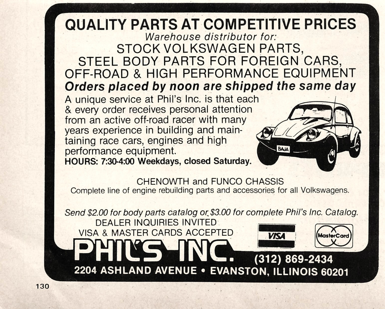 Phil\'s Inc Quality Stock Volkswagen Beetle Parts Evanston IL Vtg Mag Print Ad