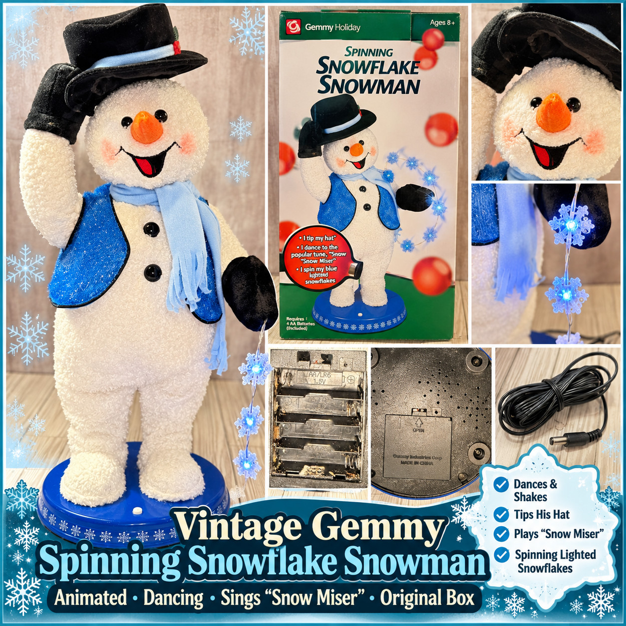 Vintage Gemmy Spinning Snowflake Snowman Snow Miser Animated Dancing w/ Box