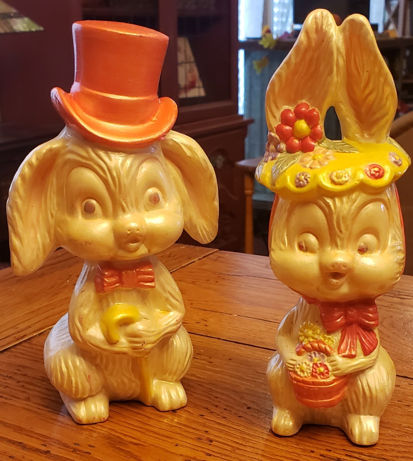 Vintage 1983 Ceramic hand painted Rabbits Couple Easter
