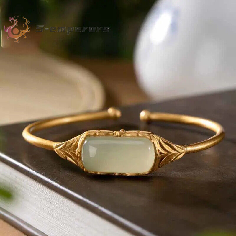 S925 Sterling Silver Natural Hetian Jade Green Jade Bamboo Leaf Bracelet Women\'s