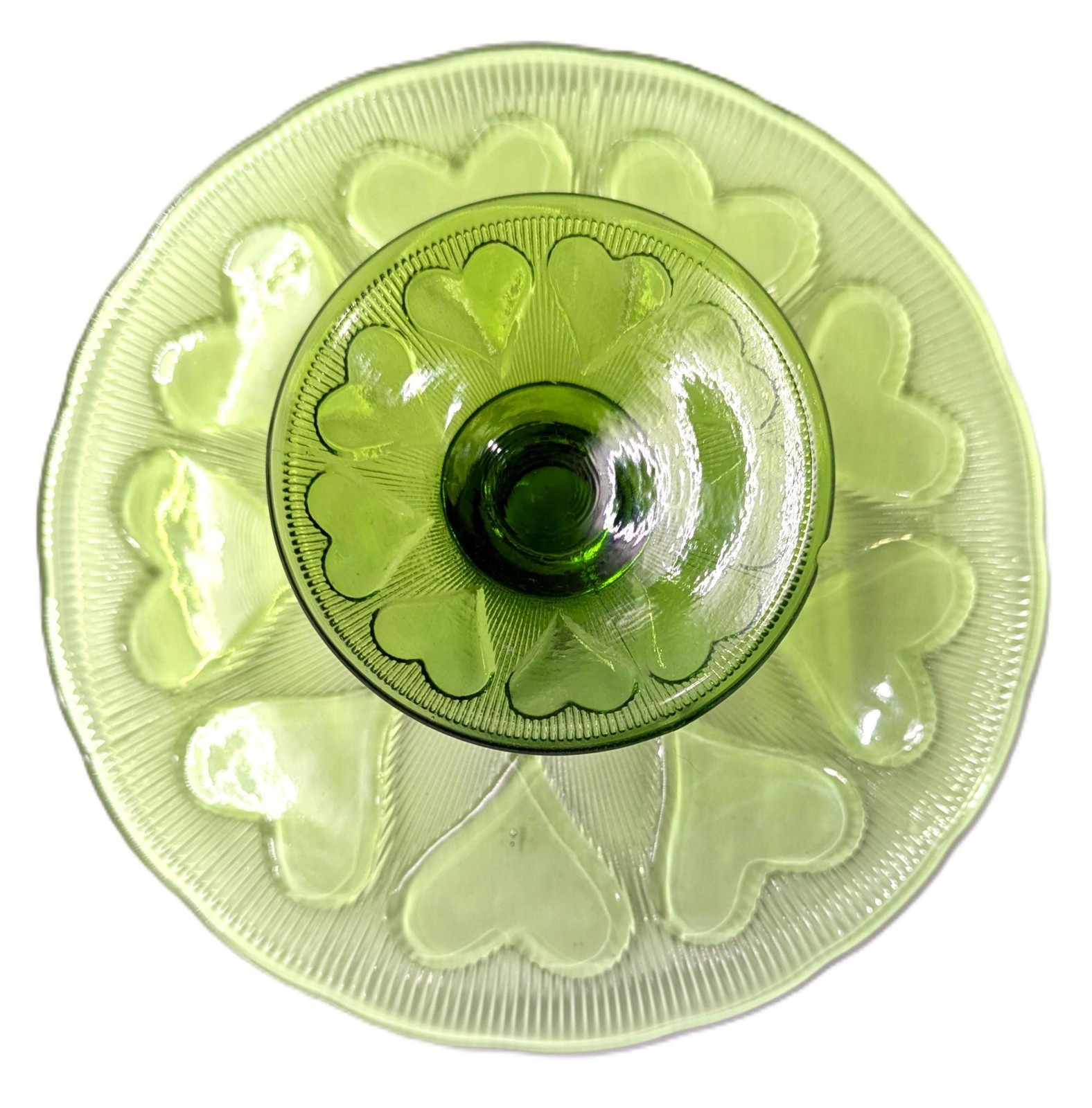 Vintage Green Glass Compote Dish with an etched Heart pattern Vintage Footed Ser