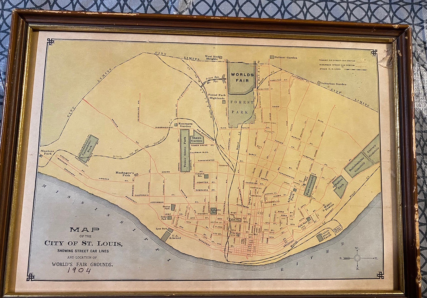1904 St. Louis World’s Fair Map Streetcar Map Framed Transit History Original