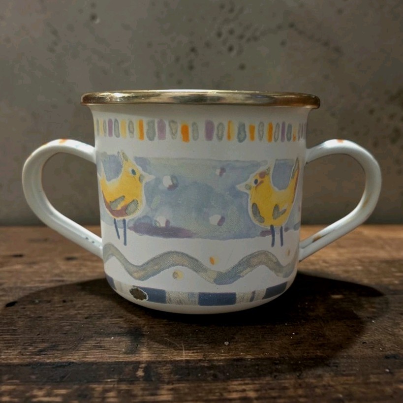 Retired Vintage Children's Enamelware Mug MacKenzie-Childs Double Handle Cup Retired Vintage Children's Enamelware Mug MacKenzie-Childs Double Handle Cup