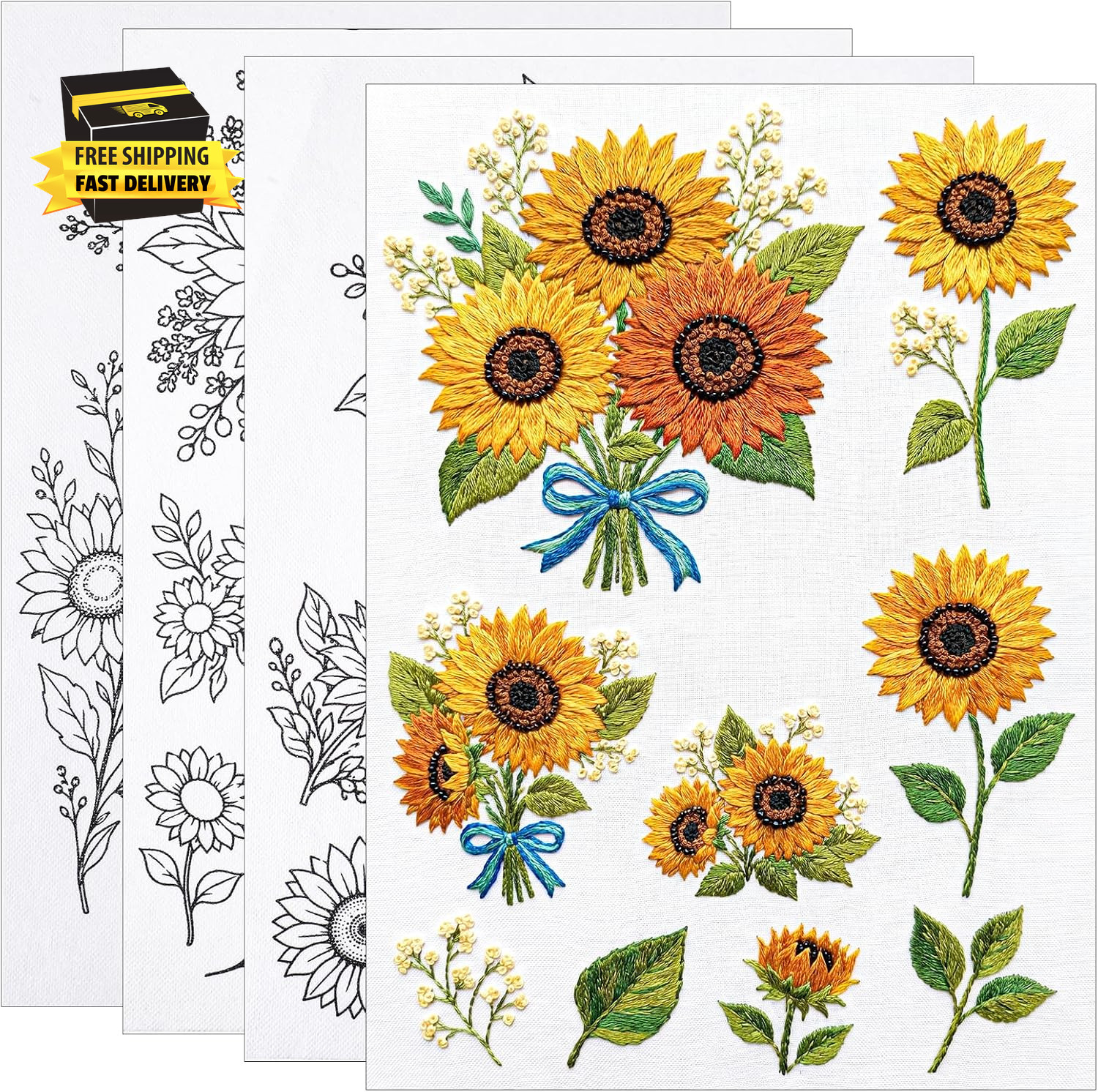 4 Sheets Sunflowers Embroidery Patterns Pre-Printed Embroidery Transfer Patterns