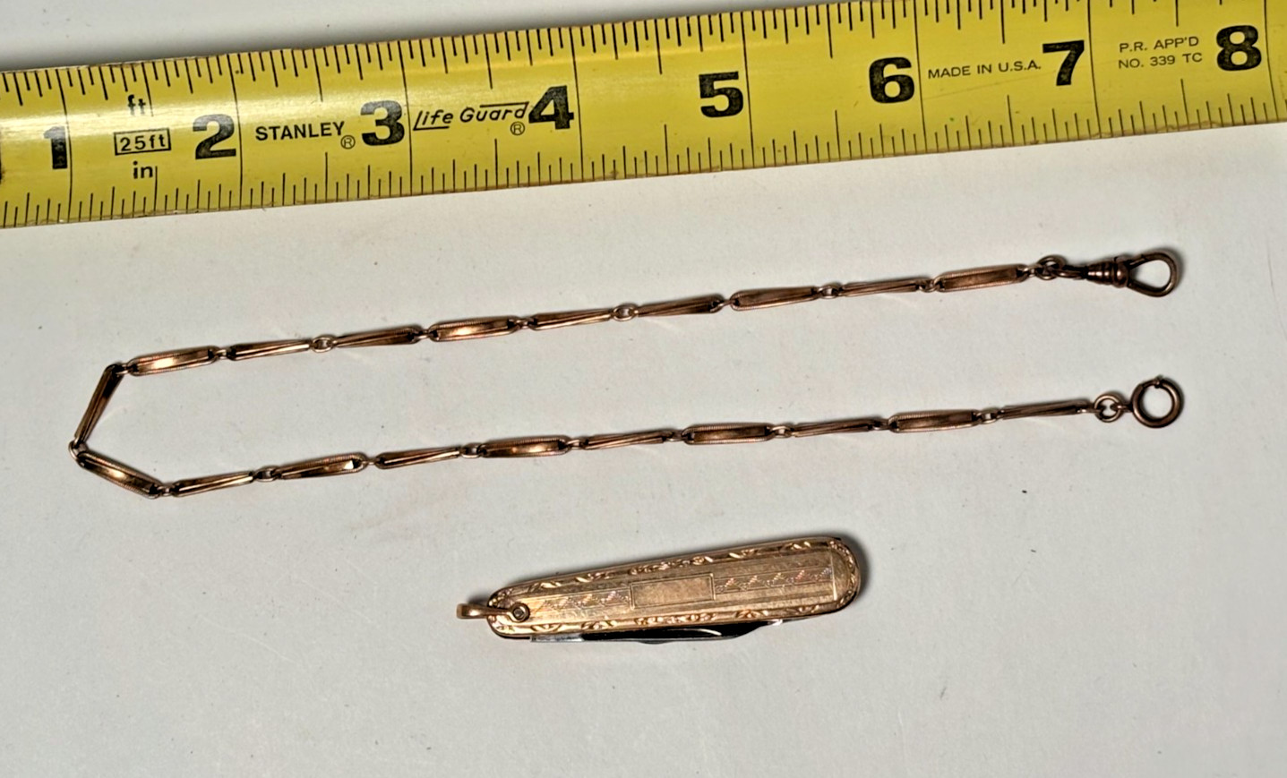 ANTIQUE HAYWARD ART DECO TWO BLADE POCKET KNIFE WITH MATCHING 15” MARKED CHAIN ANTIQUE HAYWARD ART DECO TWO BLADE POCKET KNIFE WITH MATCHING 15” MARKED CHAIN