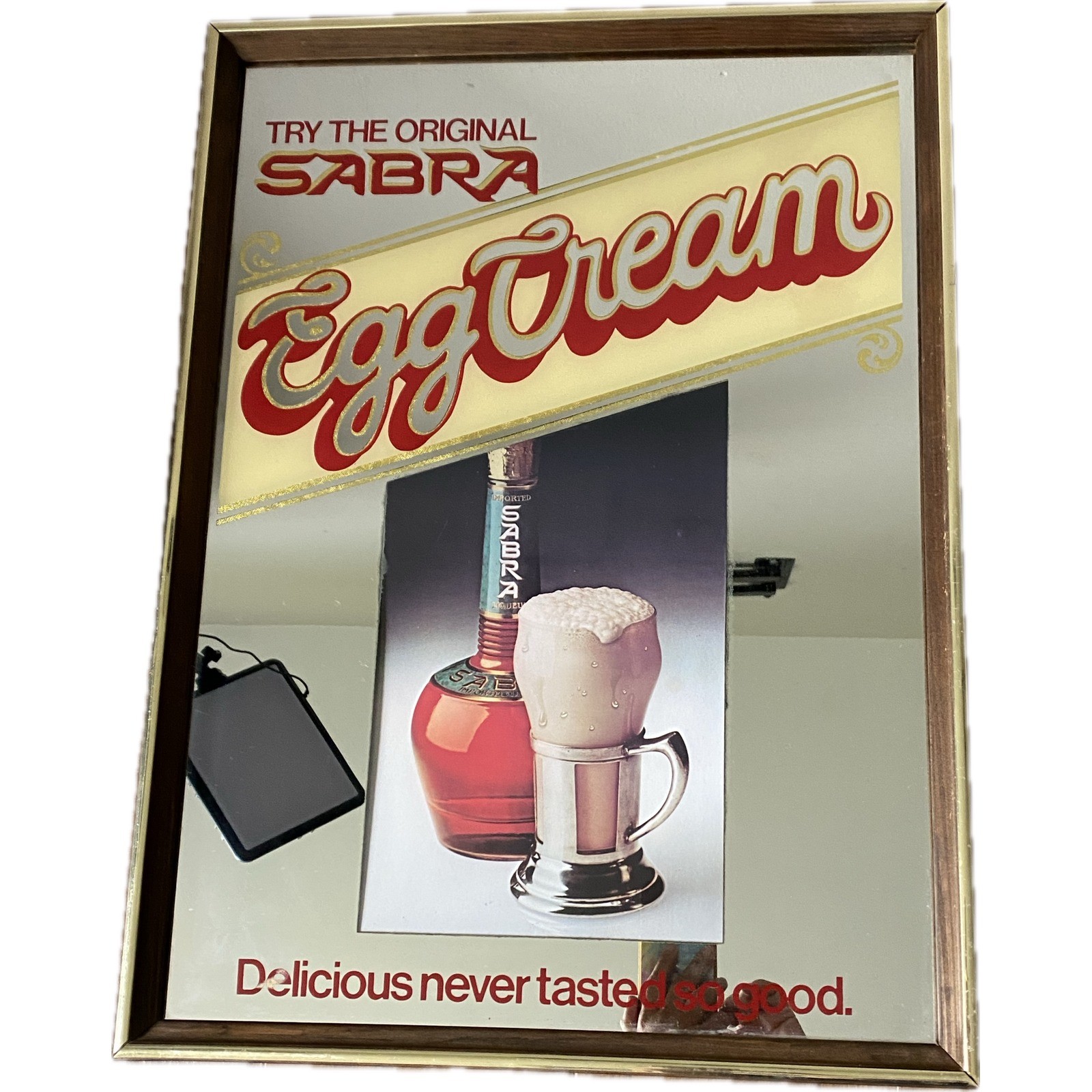 Vintage Sabra Liqueur Egg Cream Advertising Mirror Bar Sign Wood Frame 22x15 70s Vintage Sabra Liqueur Egg Cream Advertising Mirror Bar Sign Wood Frame 22x15 70s