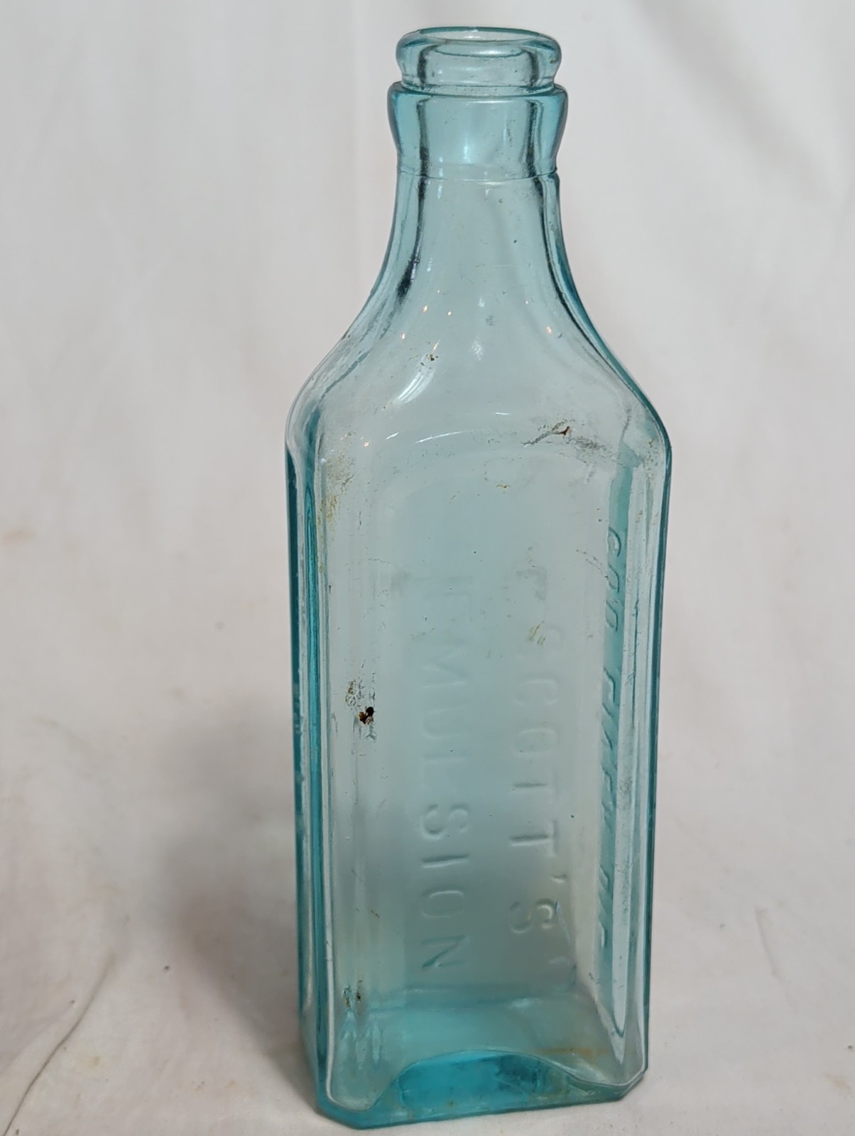 Vintage Scotts Emulsion Cod Liver Oil With Lime & Soda Bottle Aqua Blue Glass