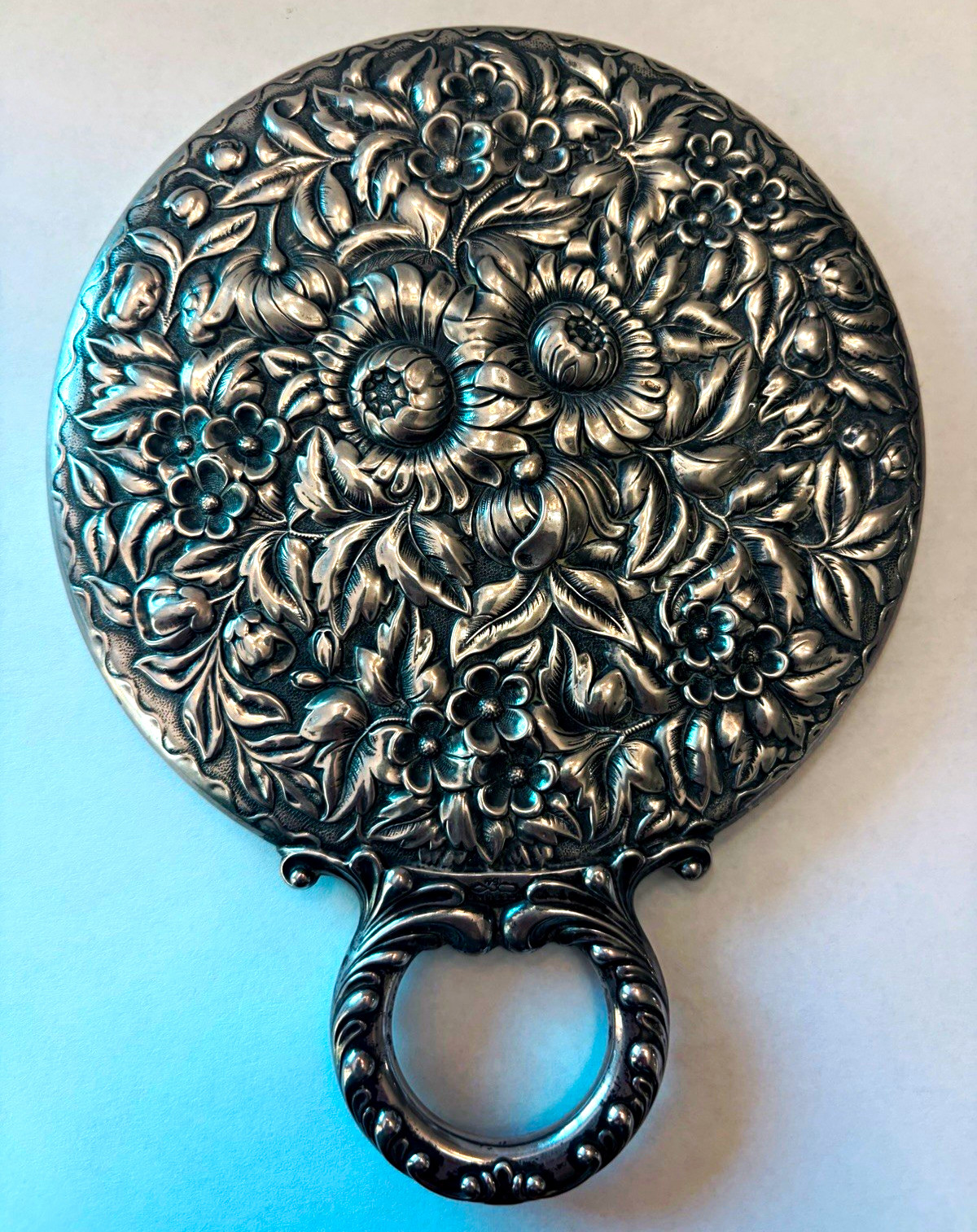 Antique Art Nouveau Repousse Floral Sterling Silver Hand Mirror