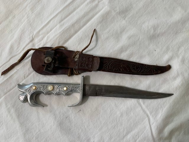 Vintage Philippine Fighting Knife w/Mother of pearl & leather Sheath dated 1948 Vintage Philippine Fighting Knife w/Mother of pearl & leather Sheath dated 1948