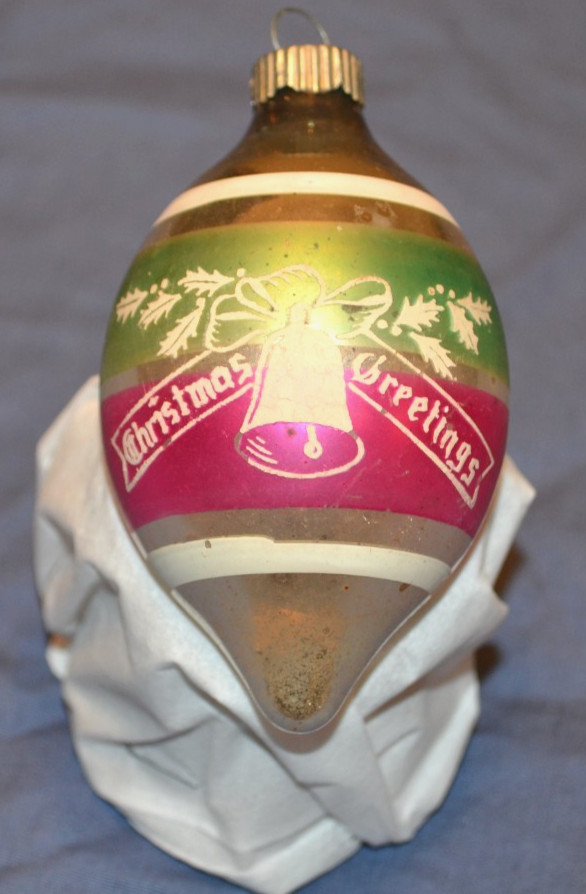 Vintage Christmas Greetings Teardrop Stencil Glass Christmas Ornament 3.5”