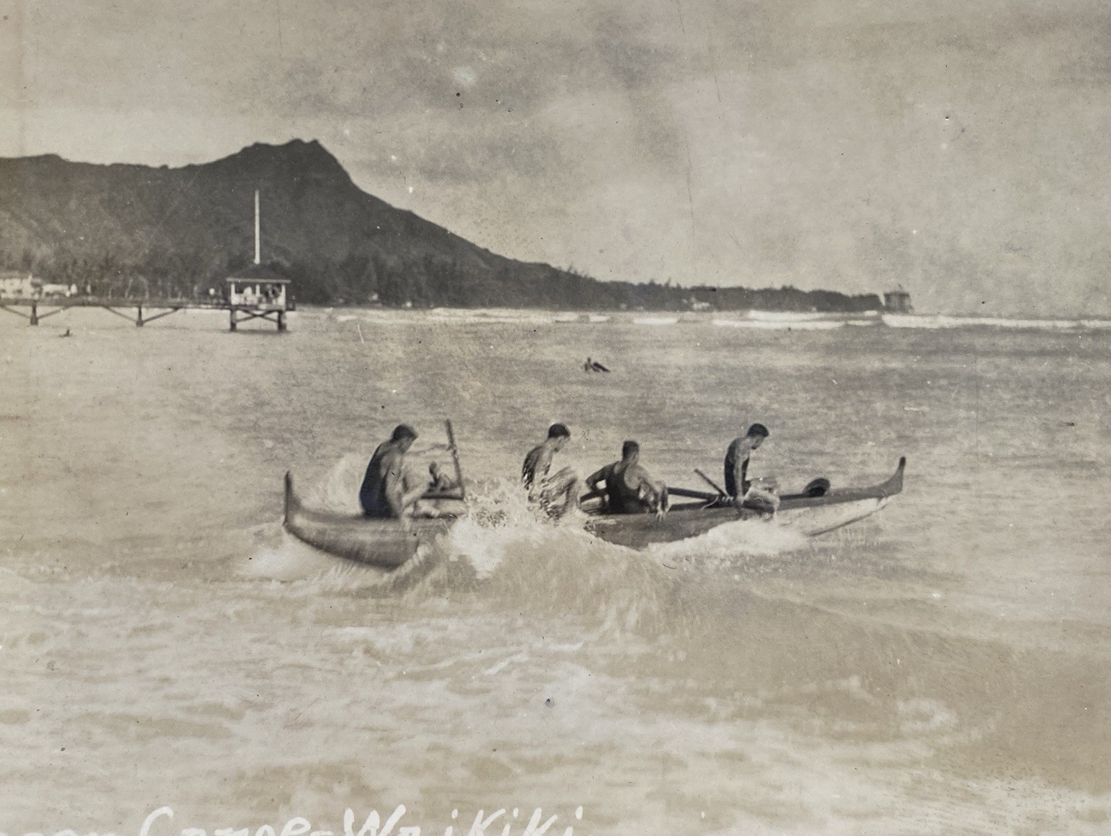 Hawaii Waikiki Honolulu Outrigger Canoe Beach & Waves Antique Vintage Photo
