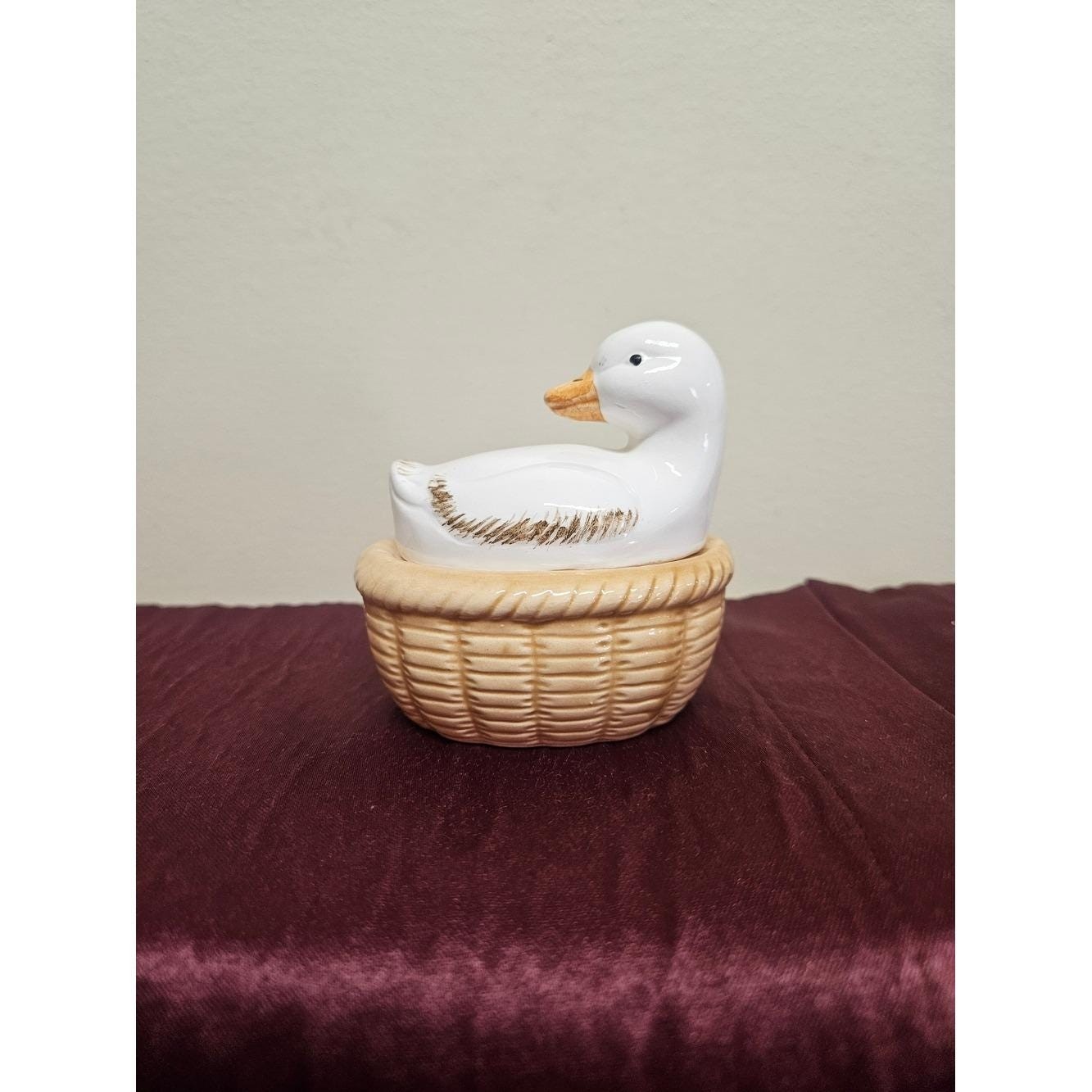 Vintage 1984 Enesco Ceramic Duck Nest Covered Dish with Tan Wicker Basket