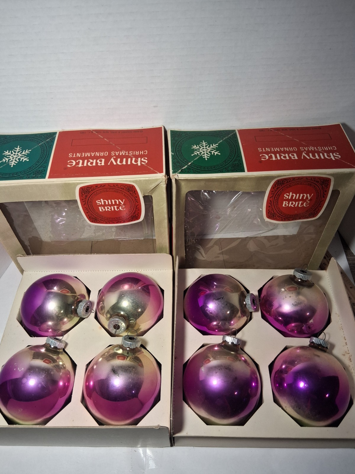 8 Vintage 1965 Shiny Brite Large Purple & Silver Ombre Glass Ball Ornaments USA