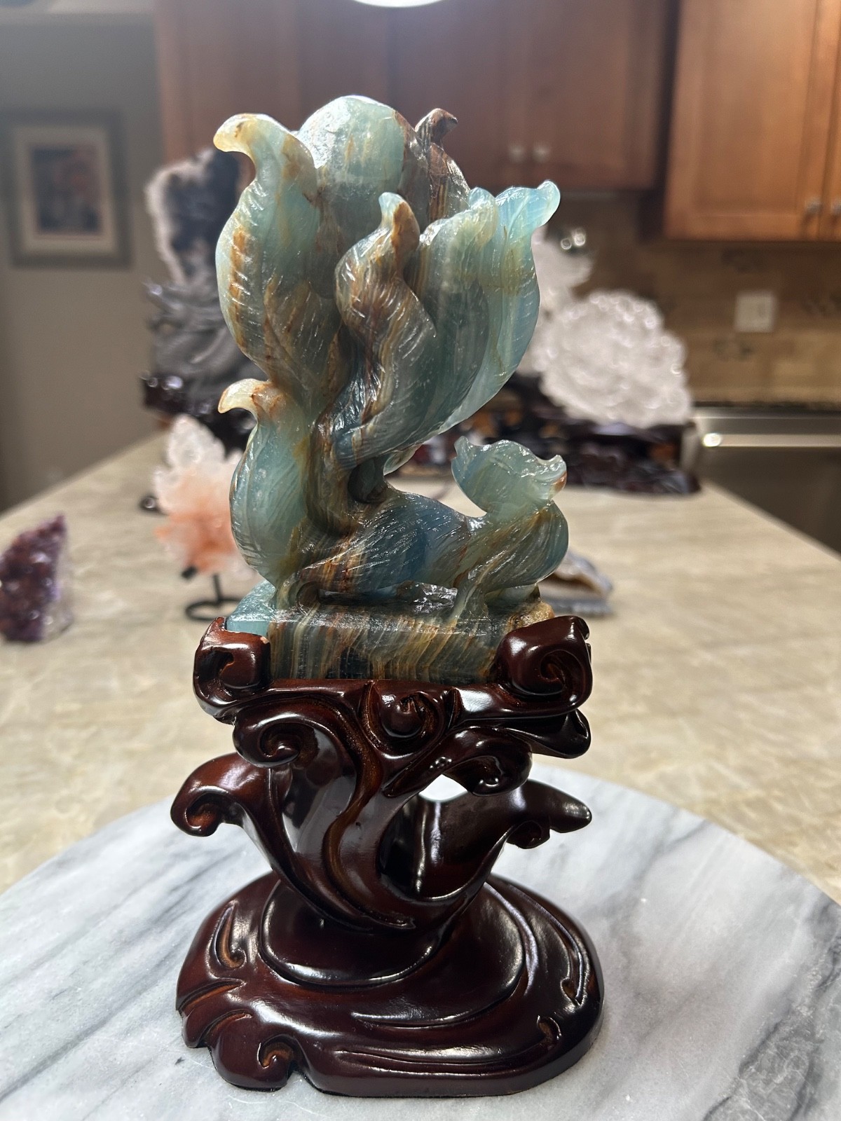 Blue Onyx nine 9 tail Fox carving with custom wood stand
