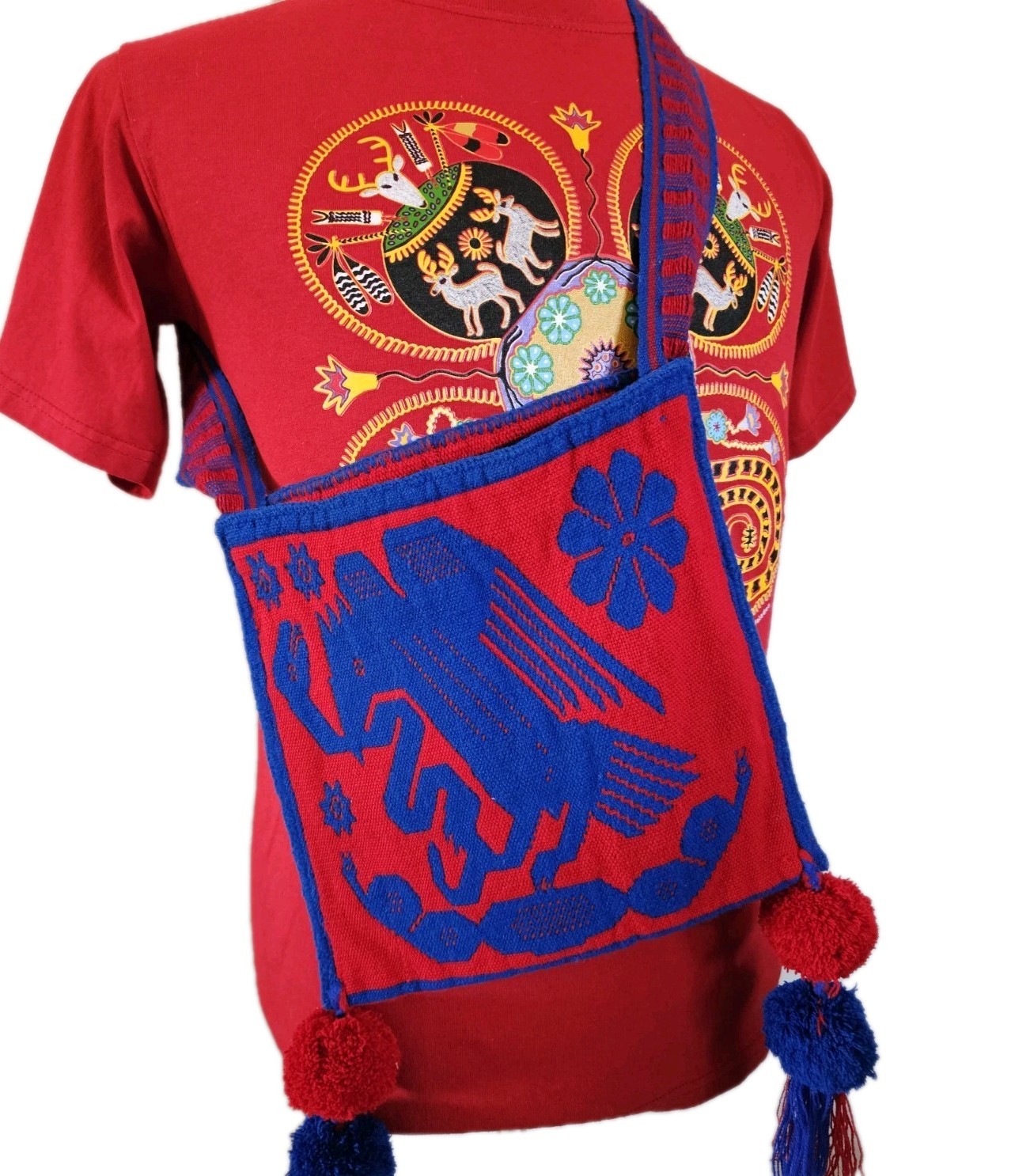 Woven Mexican Eagle Huichol Kora Morral Nayarit Style Red And Blue Woven Mexican Eagle Huichol Kora Morral Nayarit Style Red And Blue