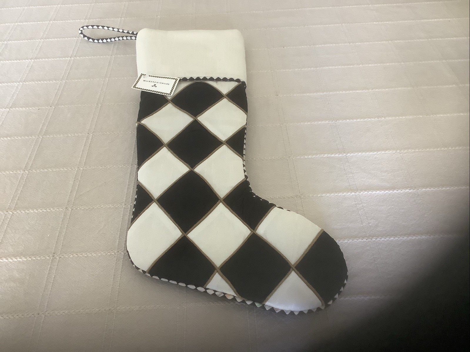 Mackenzie Childs Courtly Noel Cream Harlequin Christmas Stocking New W/ Tag