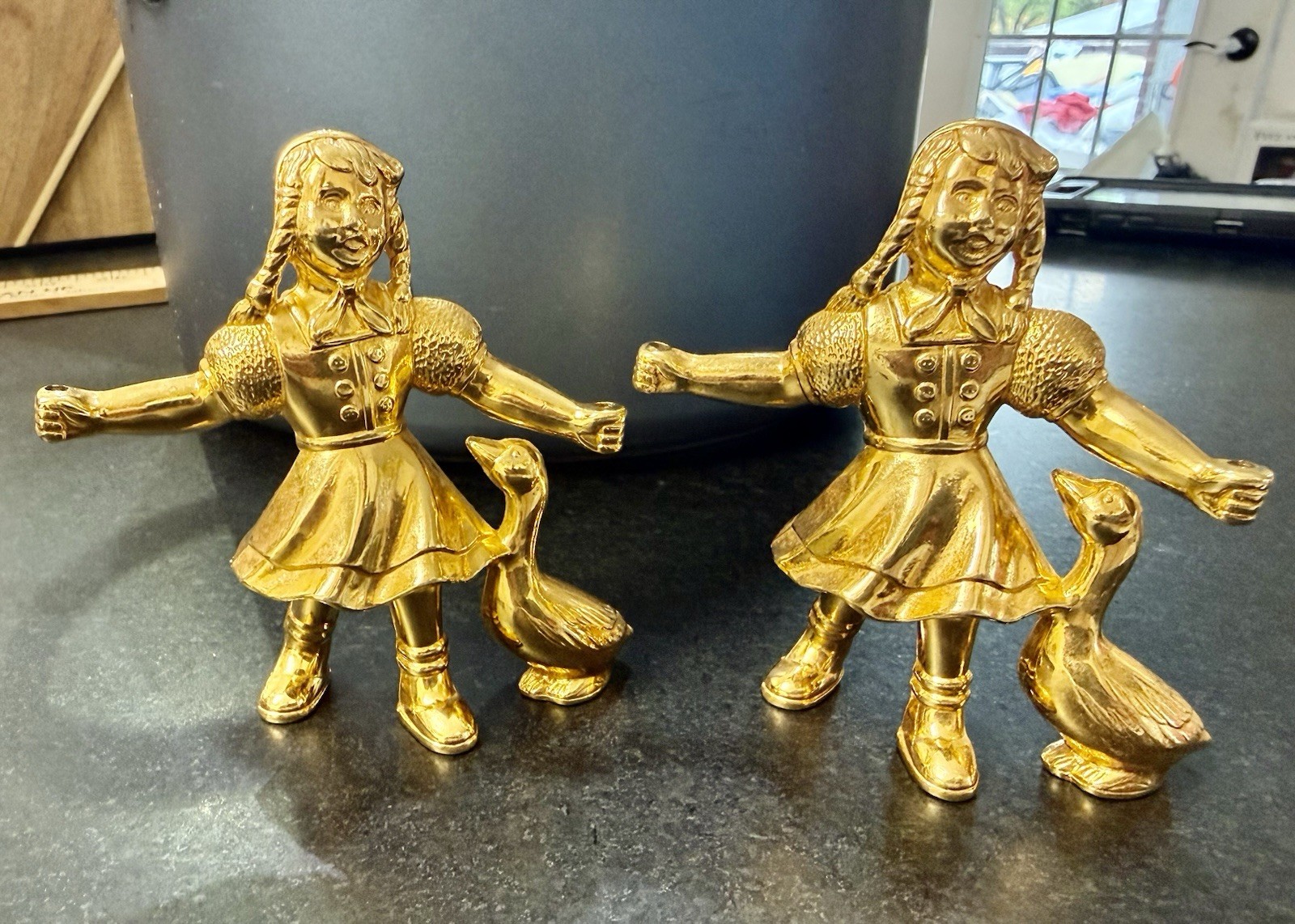 Pair Vintage BMF West Germany Gänseliesel Goose Girl Figurines Gold Plated