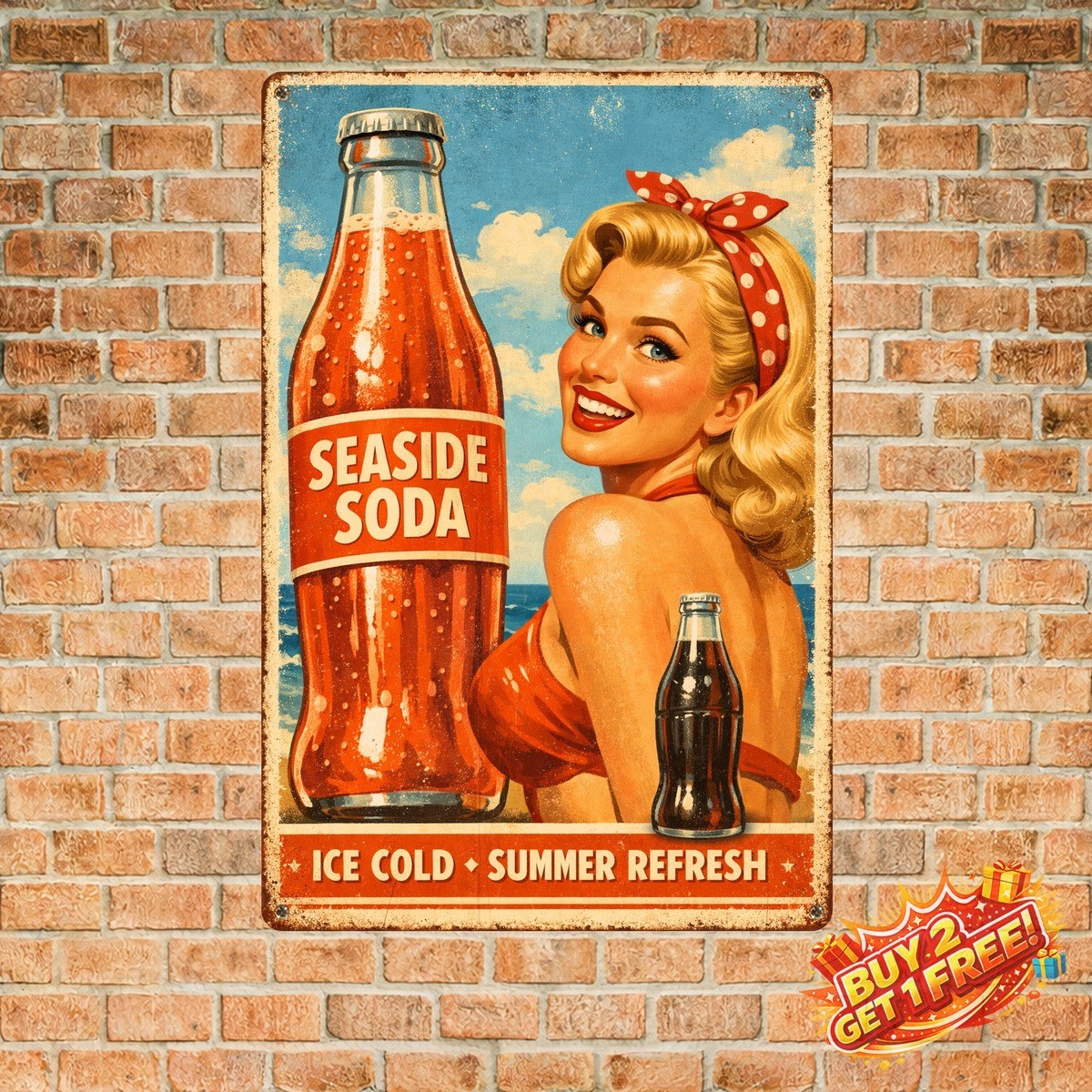 Retro Ocean Theme Cola Bottle Female Tin Sign 8x12 Metal Wall Art Decor